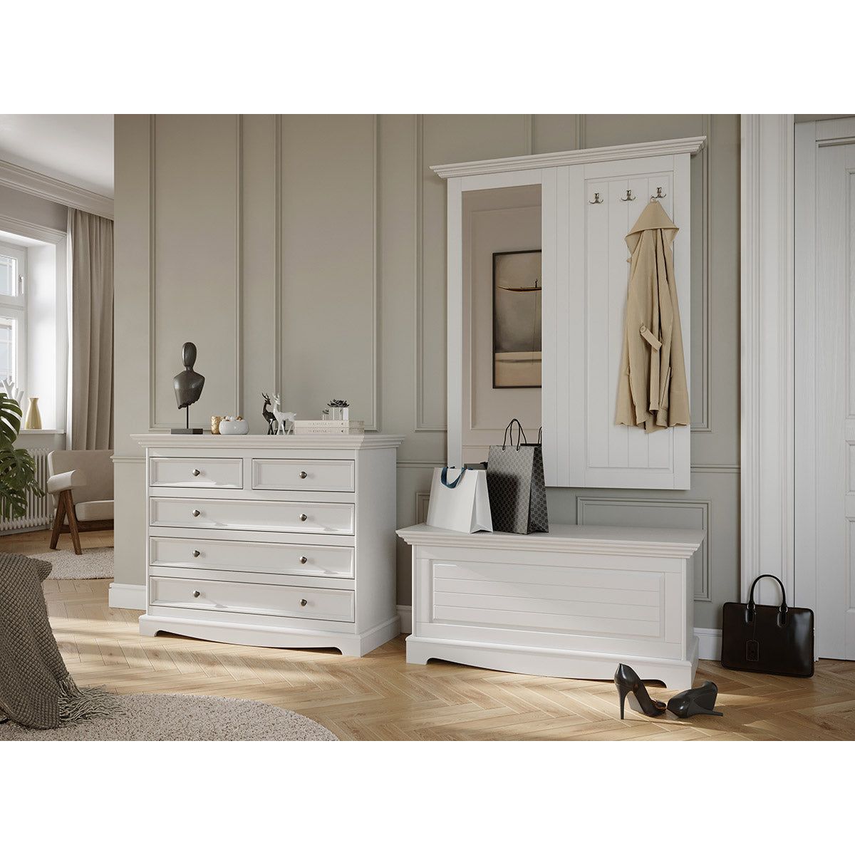 Bologna Elegante Massivholz Kiefer Spiegel Garderobe | Farbe weiß