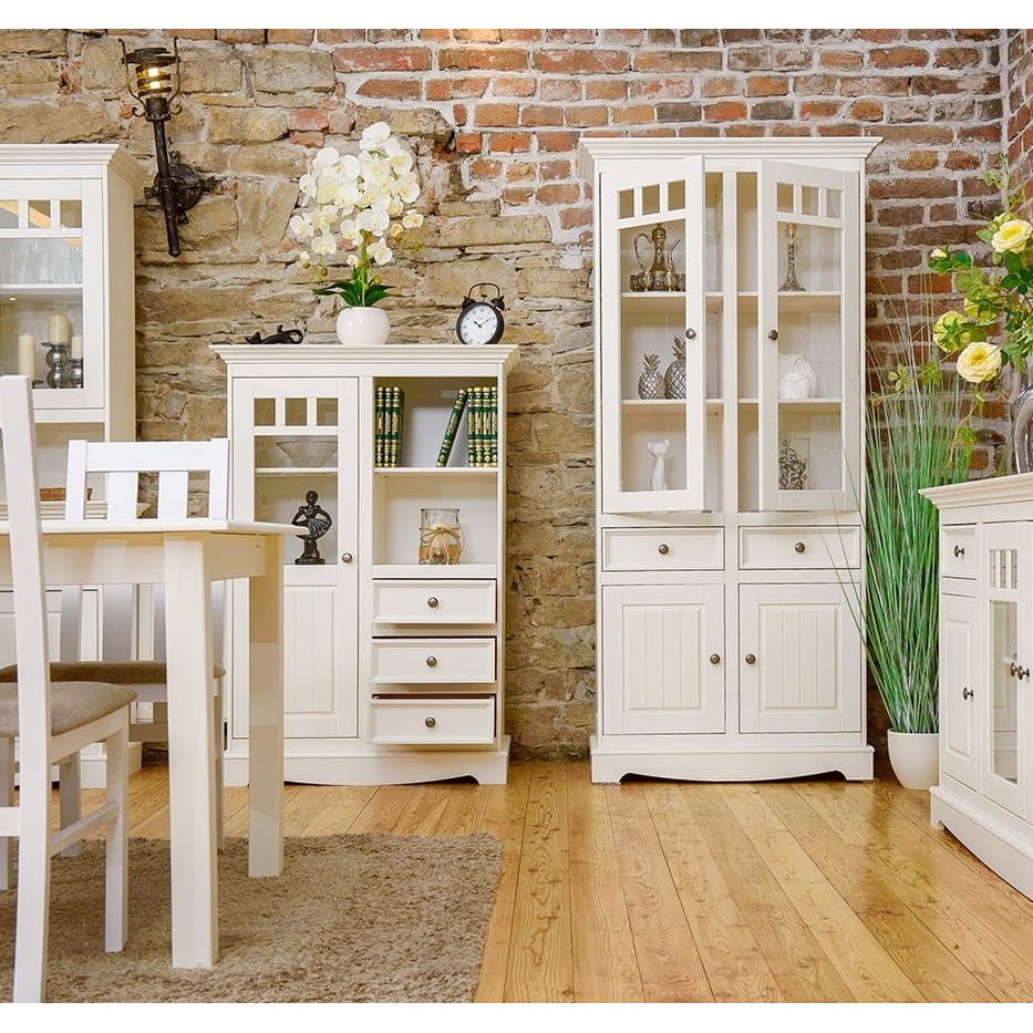 Bologna Elegante Massivholz Kiefer Glasvitrine 1.3 | Farbe weiß