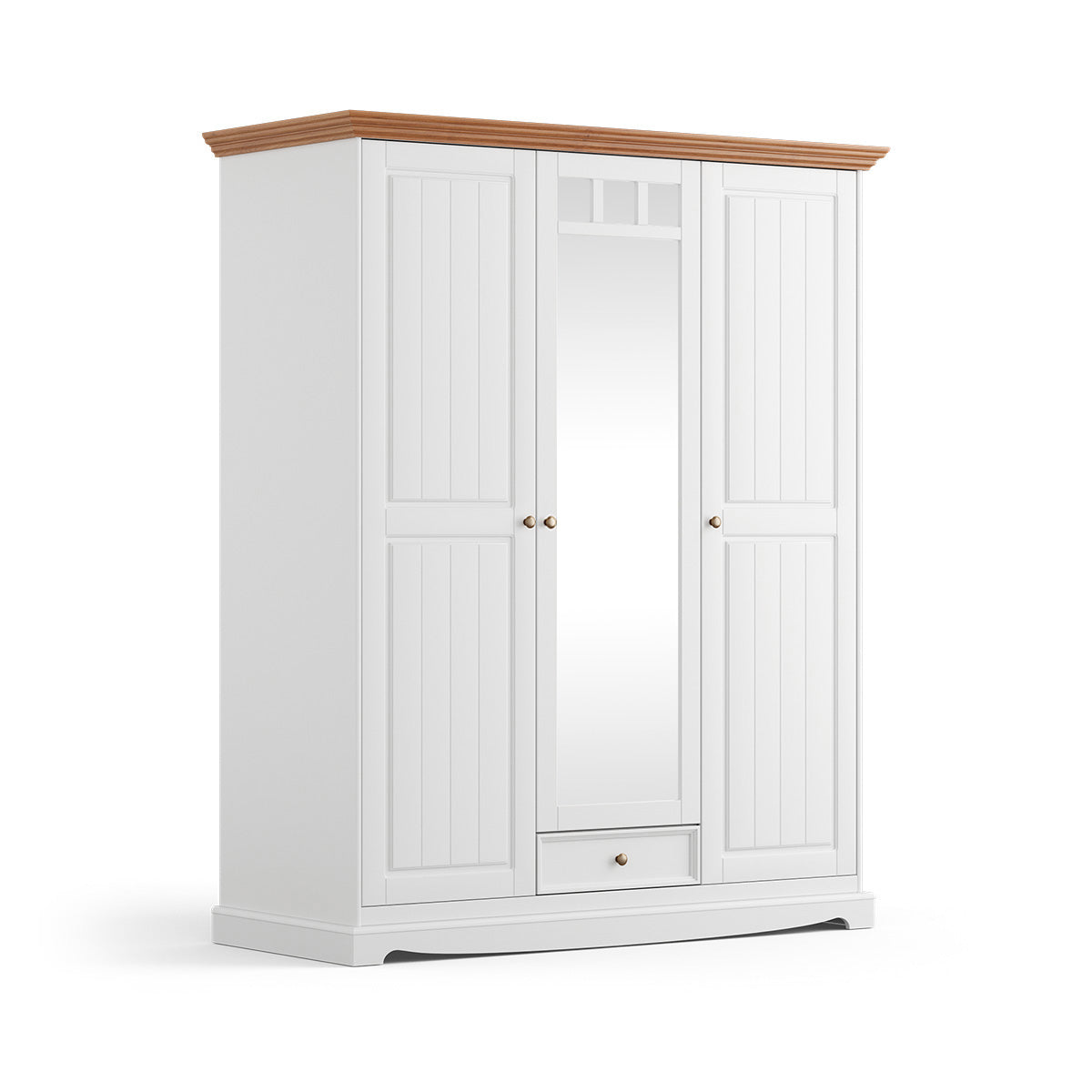 Bologna Elegante Massivholz Kiefer Kleiderschrank Spiegelschrank 3D | Farbe Weiß - Eiche