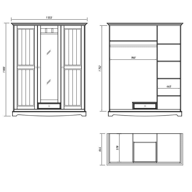 Bologna Elegante Massivholz Kiefer Kleiderschrank Spiegelschrank 3D | Farbe Weiß - Eiche