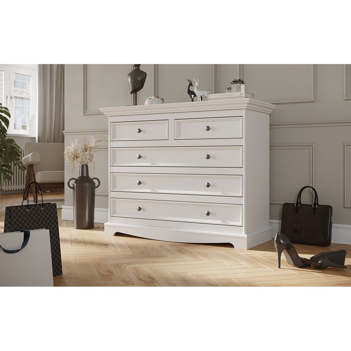 Bologna Elegante Massivholz Kiefer 5 Schubladen Kommode | Farbe weiß