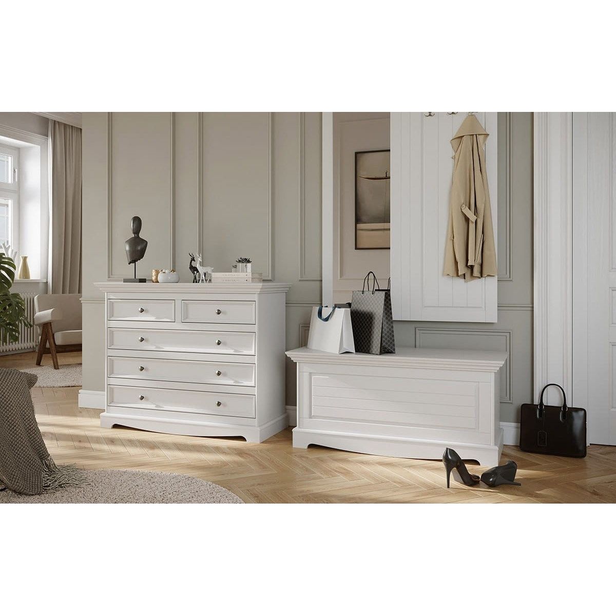 Bologna Elegante Massivholz Kiefer 5 Schubladen Kommode | Farbe weiß