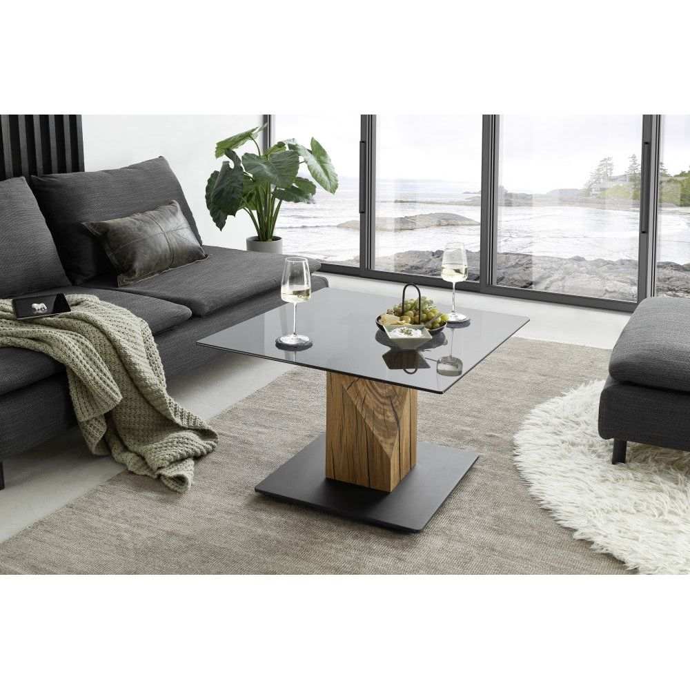 BALSTA Couchtisch Mit Lift Glasplatte Grau II Eiche Säule Geölt MDF Boden Schwarz