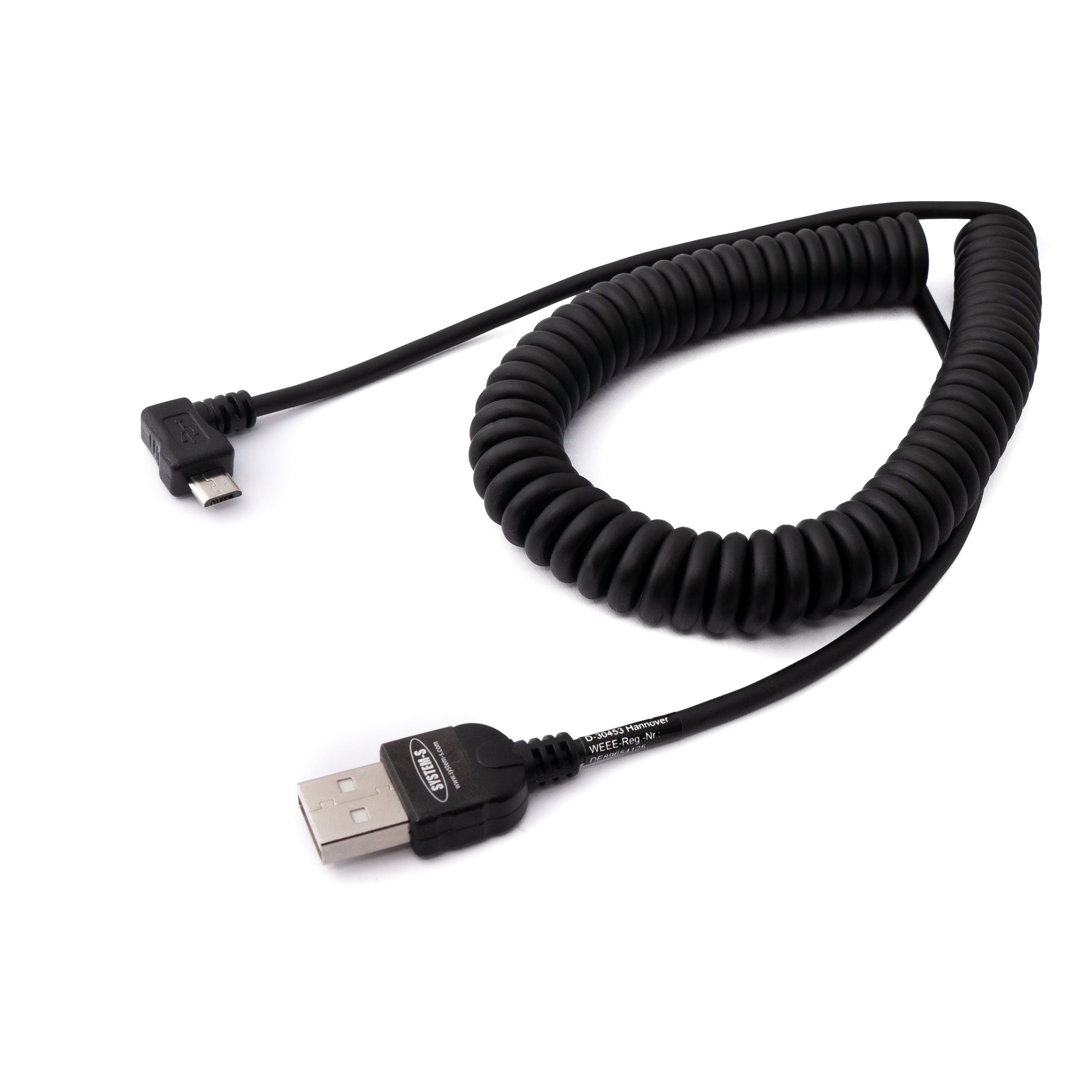 System-S USB 2.0 Kabel Typ A Zu Micro B Spirale Winkel Schwarz Lange 200 cm Flexibles Spiralkabel