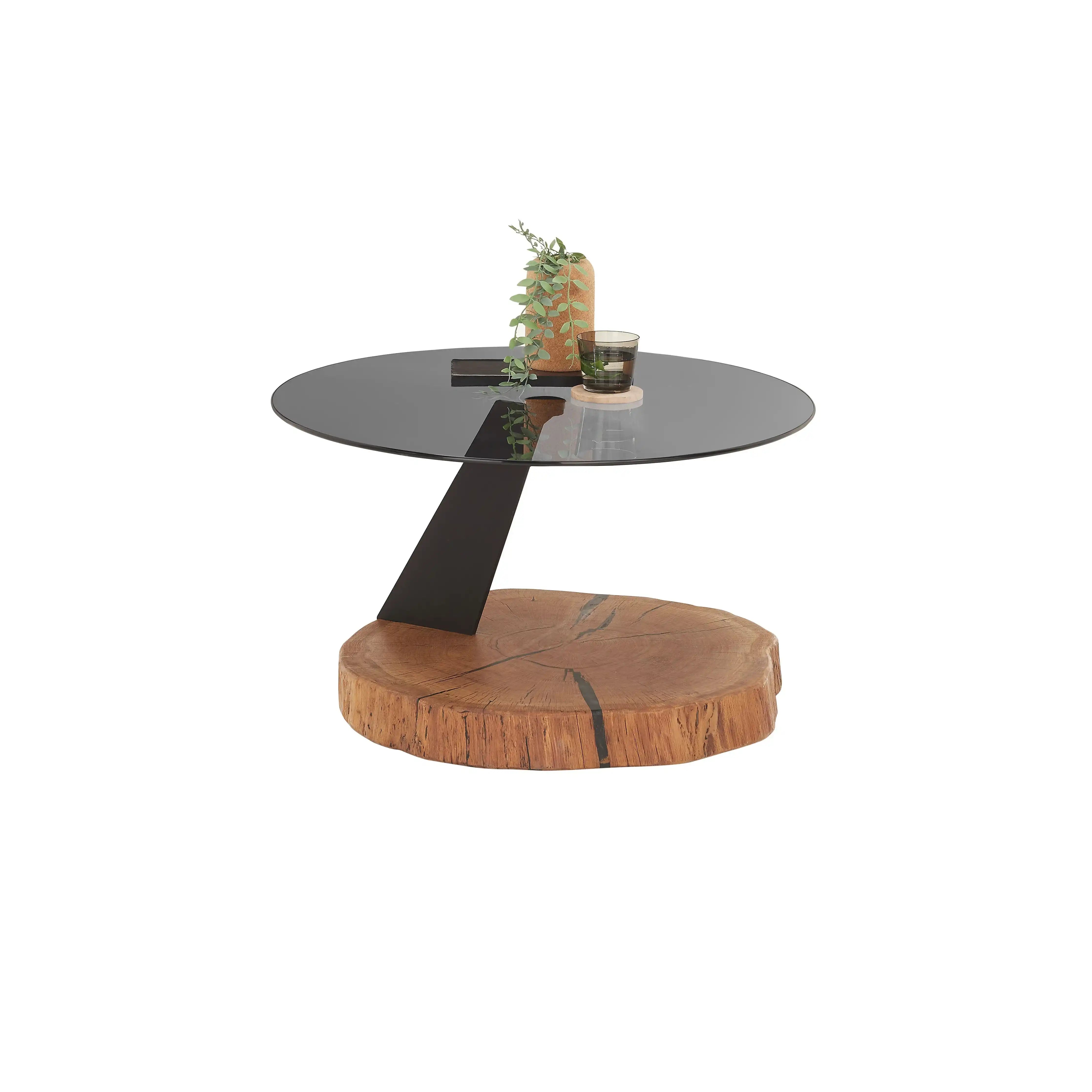 Biloxi 2 Couchtisch Glasplatte Grau Säule Metall Schwarz Bodenplatte Eiche 80 mm