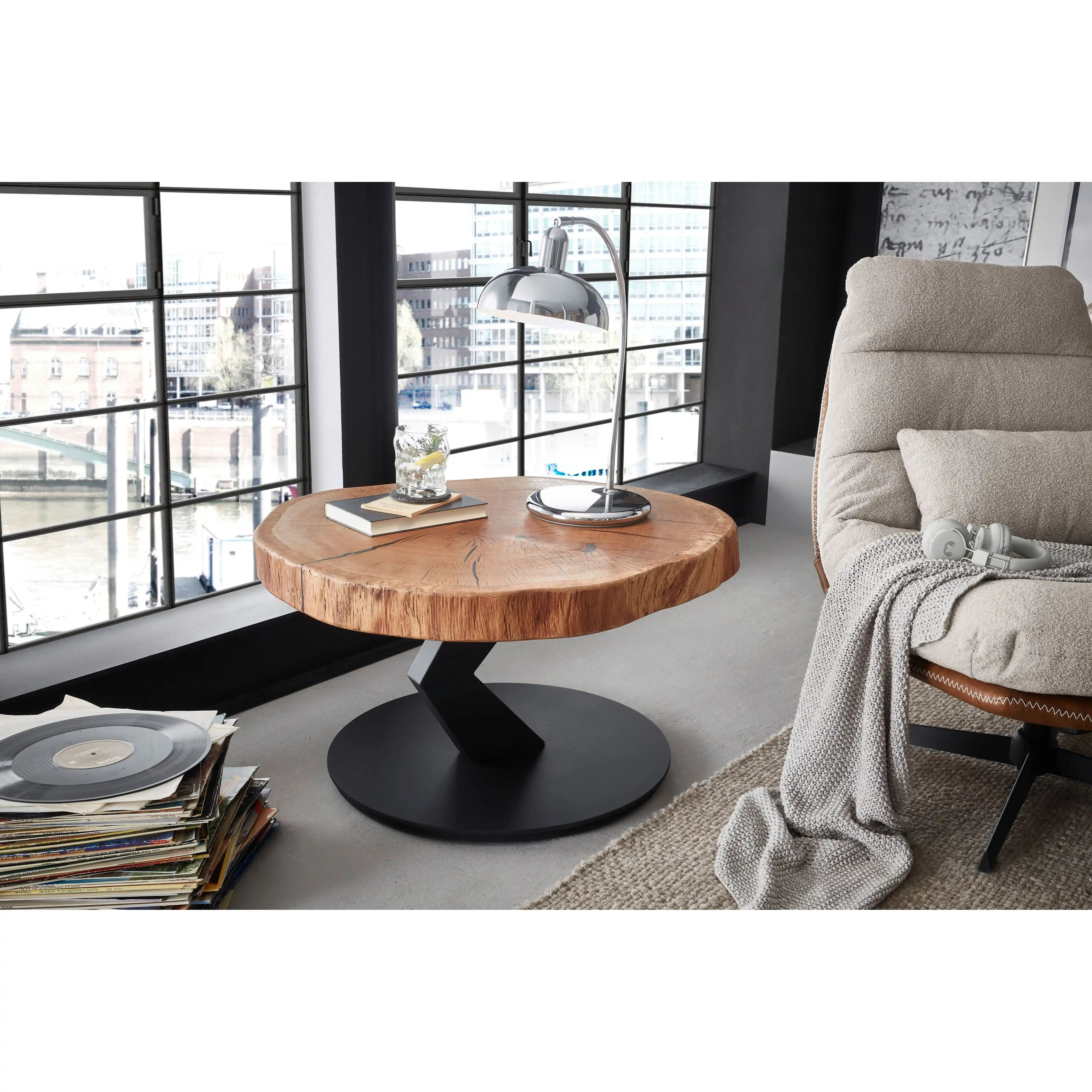 Biloxi 1 Couchtisch Aus Eiche Massiv Baumscheibe Mit Schwarzer Metallbasis Dunkel