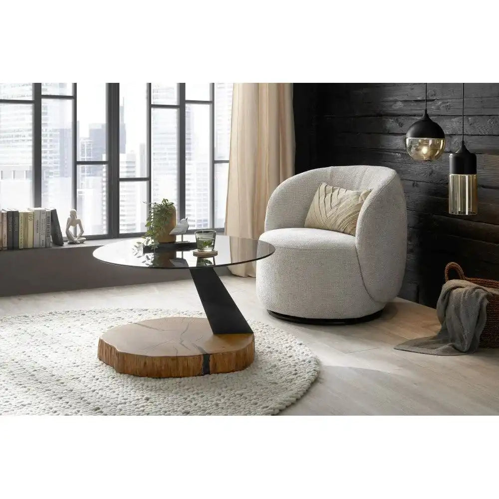 Biloxi 2 Couchtisch Glasplatte Grau Säule Metall Schwarz Bodenplatte Eiche 80 mm