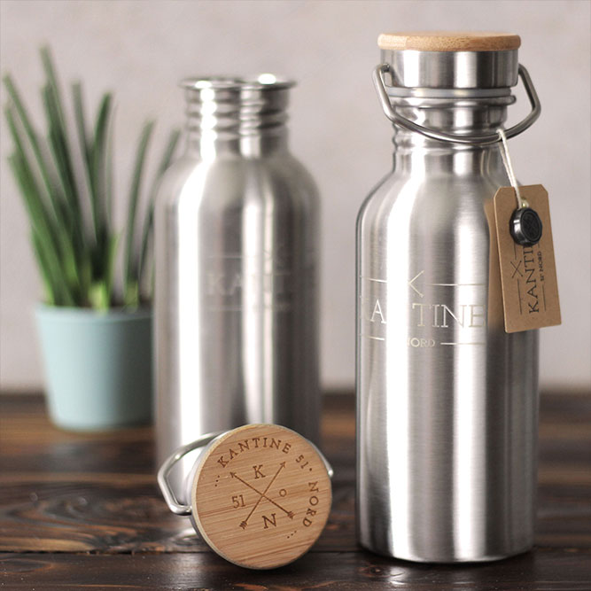 Trinkflasche Edelstahl Outdoor 500ml Einwandige Puristisches Design Mit Bambusdeckel Und Naturnahen Stil