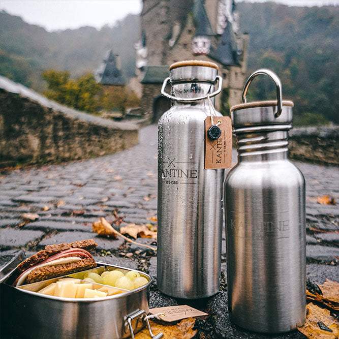 Trinkflasche Edelstahl Outdoor 500ml Einwandige Puristisches Design Mit Bambusdeckel Und Naturnahen Stil