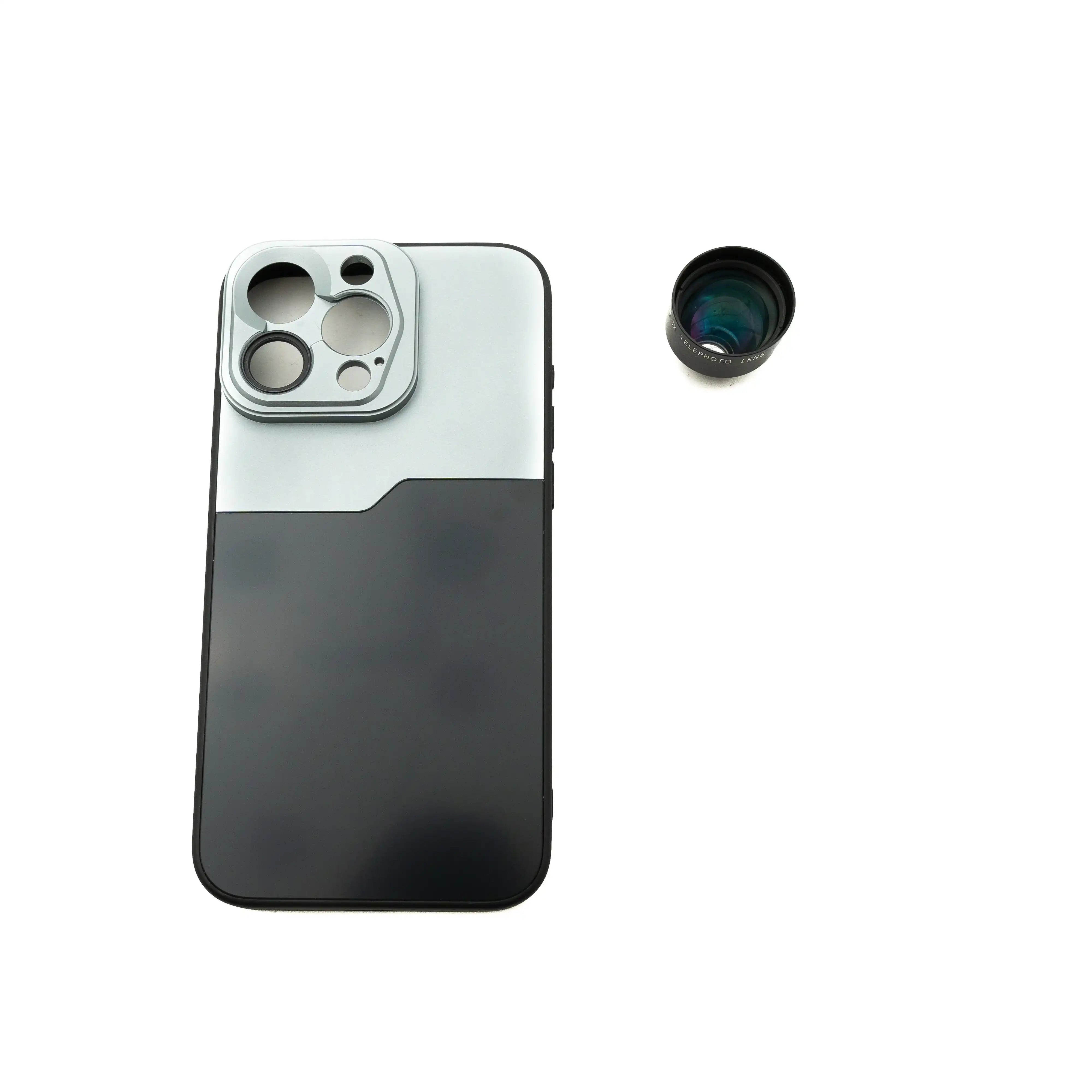 SYSTEM-S Zoom Linse 3x Tele Objektiv 37 mm Filter mit Hülle für iPhone 15 Pro Max in Schwarz Grau