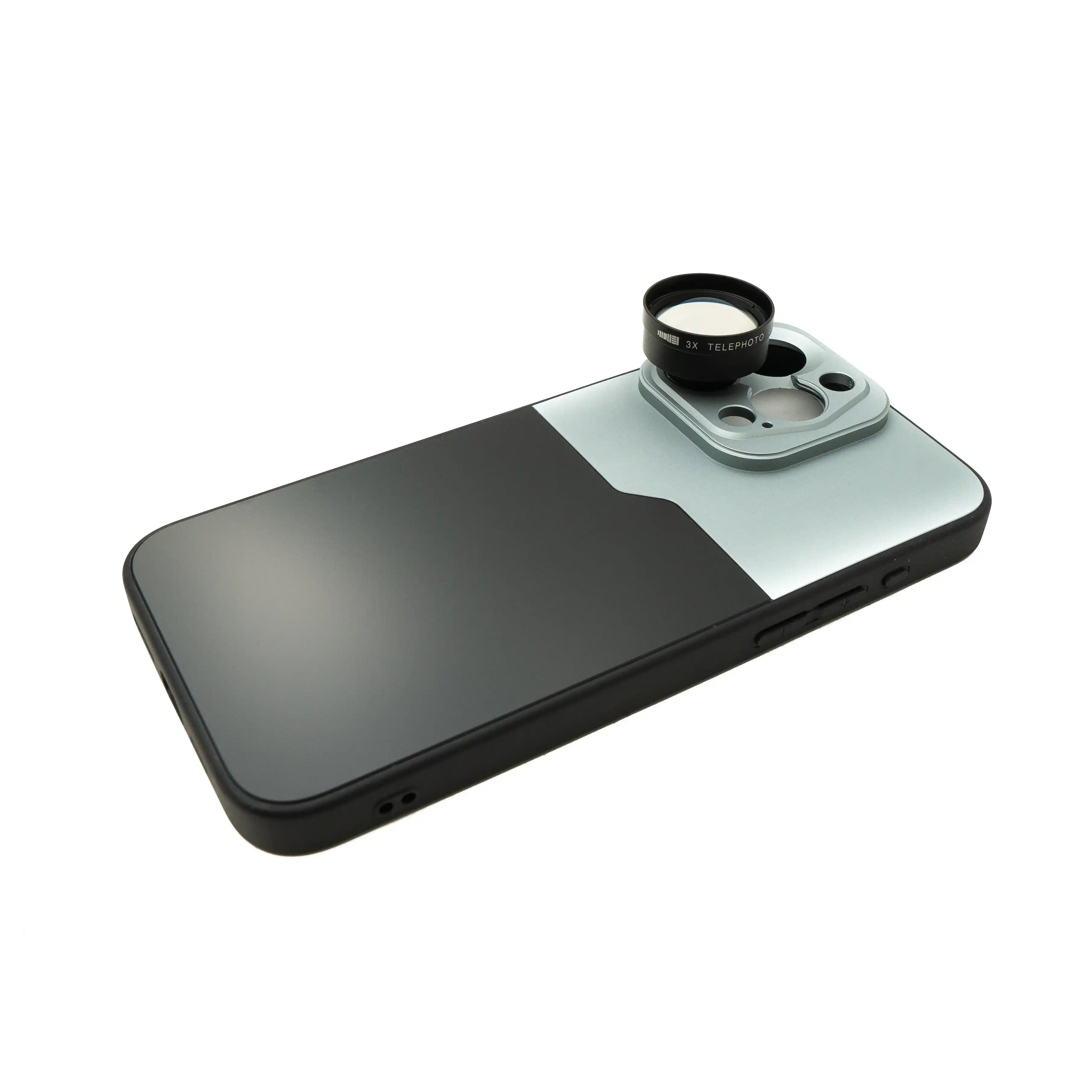 SYSTEM-S Zoom Linse 3x Tele Objektiv 37 mm Filter mit Hülle für iPhone 15 Pro Max in Schwarz Grau