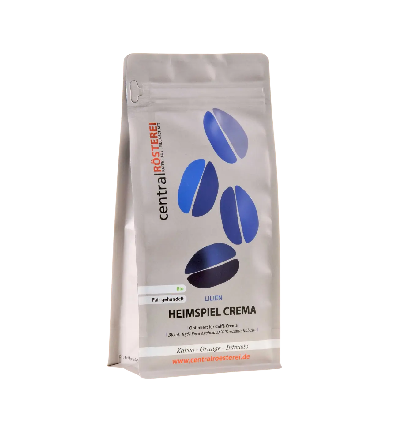 CentralRösterei Heimspiel Caffè Crema Bio Kakao Orange Intensiv 85 Prozent Peru Arabica 15 Prozent Tansania Robusta