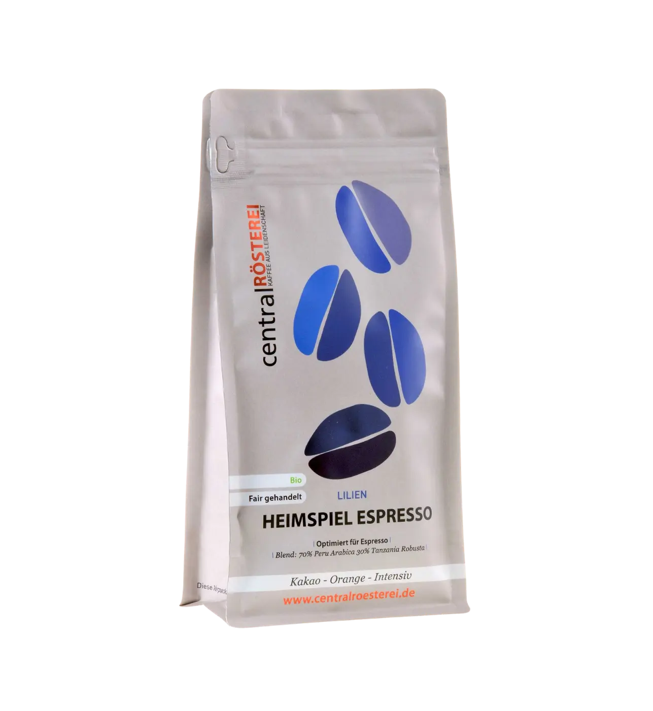 CentralRösterei Heimspiel Espresso Bio Kaffee 70 Prozent Peru Arabica 30 Prozent Tansania Robusta Kakao Orange Intensiv