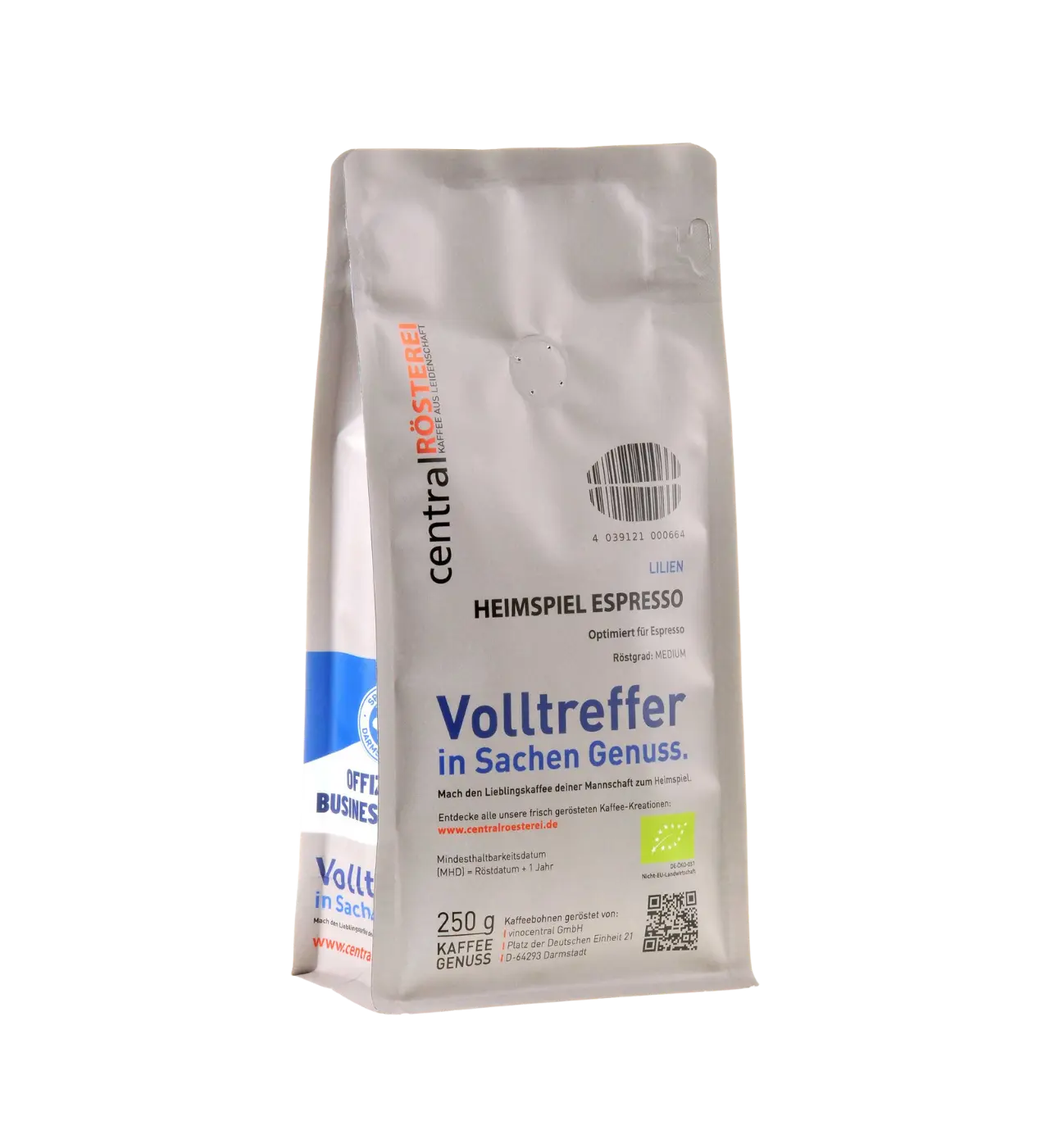 CentralRösterei Heimspiel Espresso Bio Kaffee 70 Prozent Peru Arabica 30 Prozent Tansania Robusta Kakao Orange Intensiv