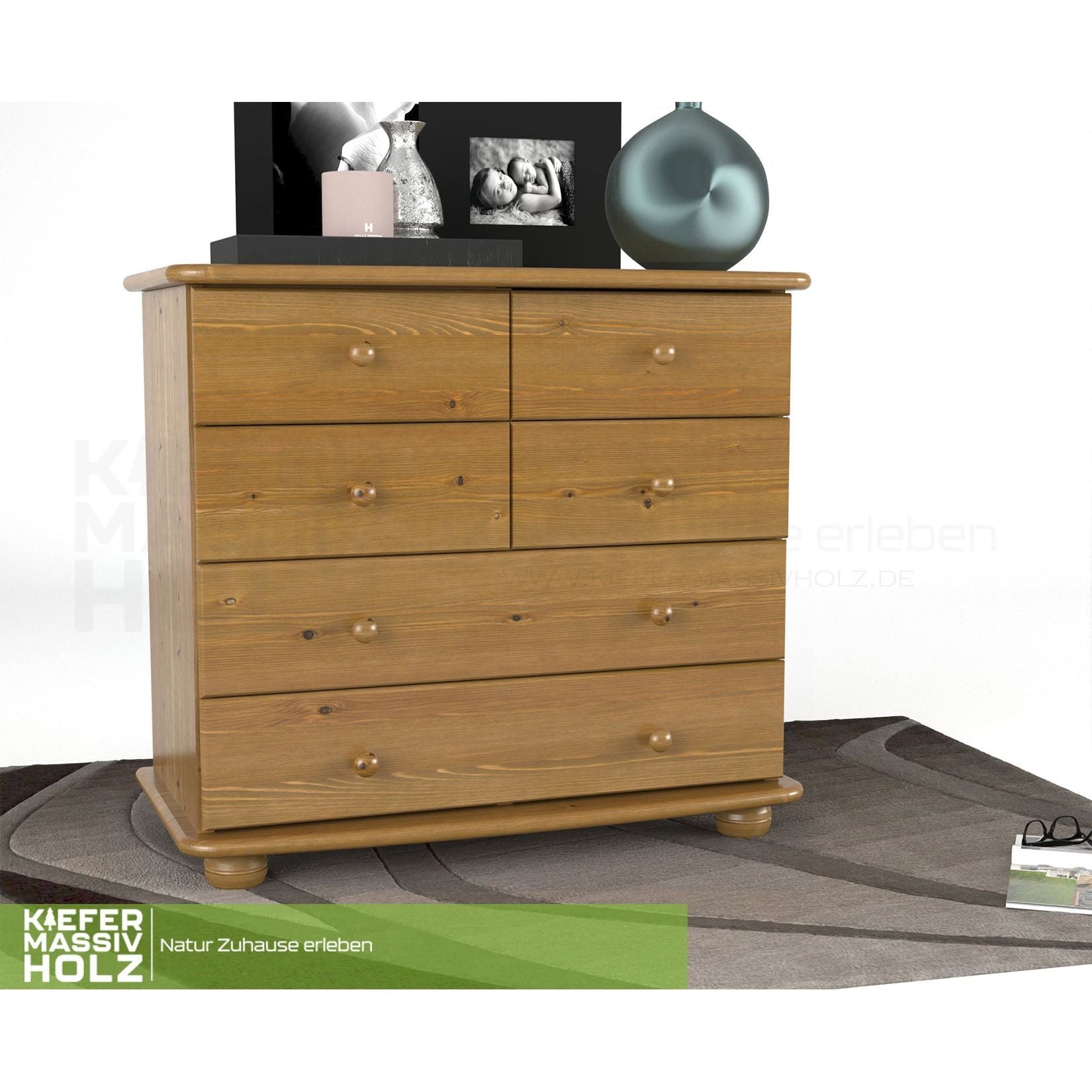 Claudia Kommode Sideboard | Anrichte | 6-Schubladen | 100% Bio Kiefer Massivholz