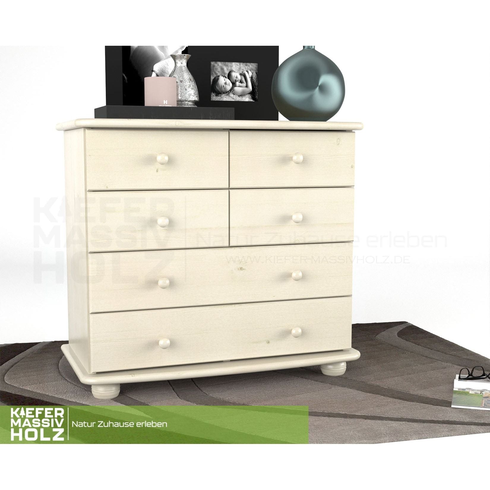 Claudia Kommode Sideboard | Anrichte | 6-Schubladen | 100% Bio Kiefer Massivholz