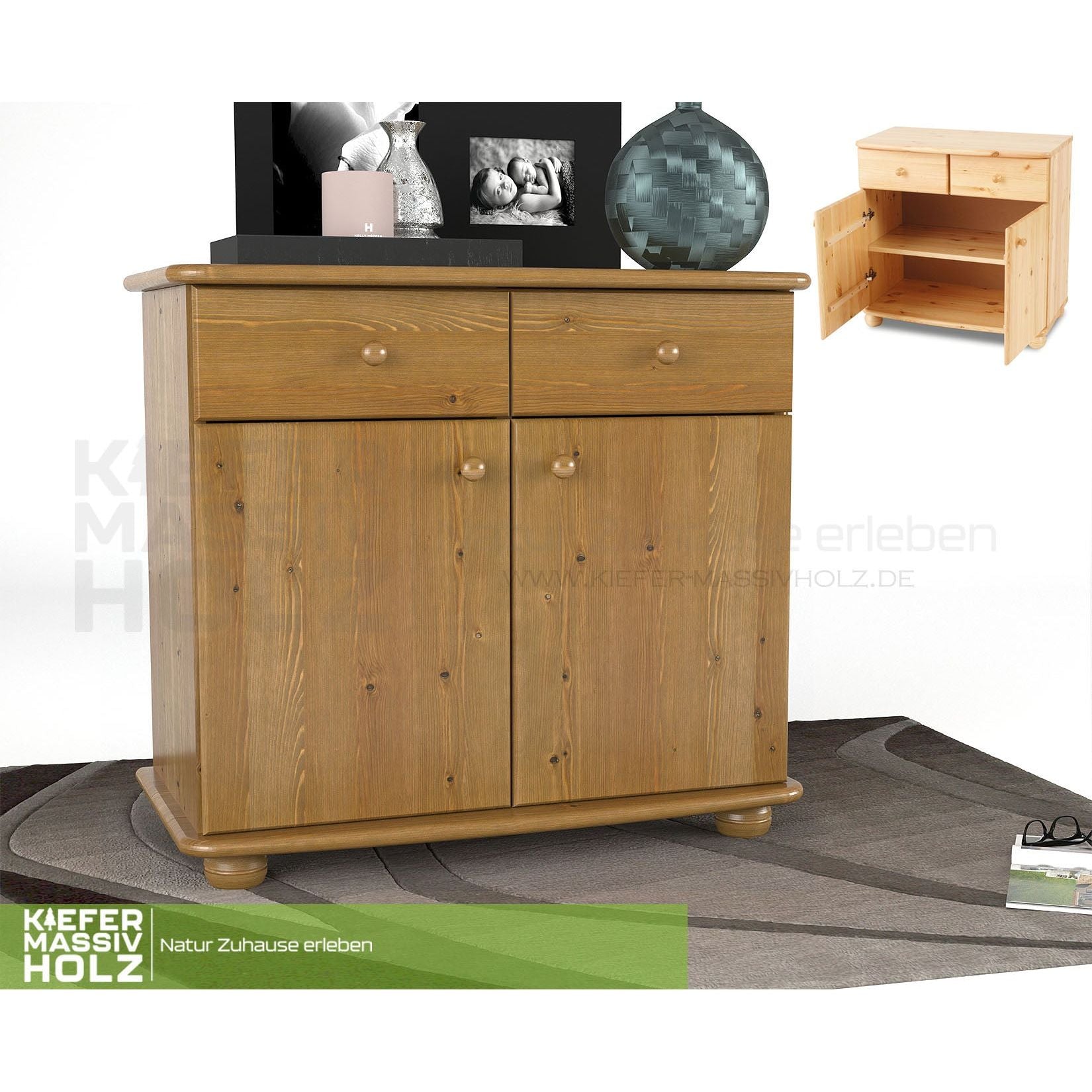 Claudia Kommode Sideboard | Anrichte | 2-Türig | 2-Schubladen | 100% Bio Kiefer Massivholz