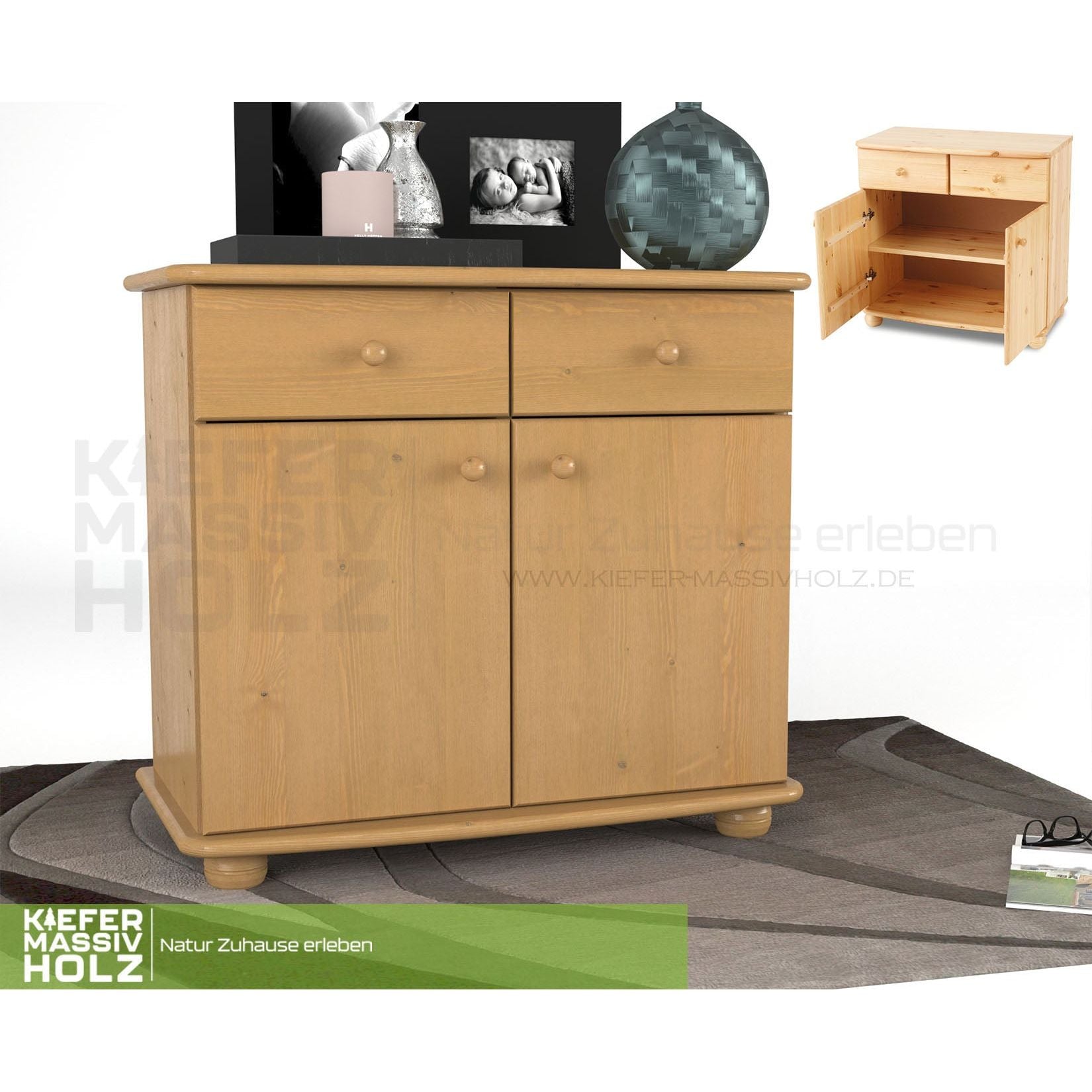 Claudia Kommode Sideboard | Anrichte | 2-Türig | 2-Schubladen | 100% Bio Kiefer Massivholz