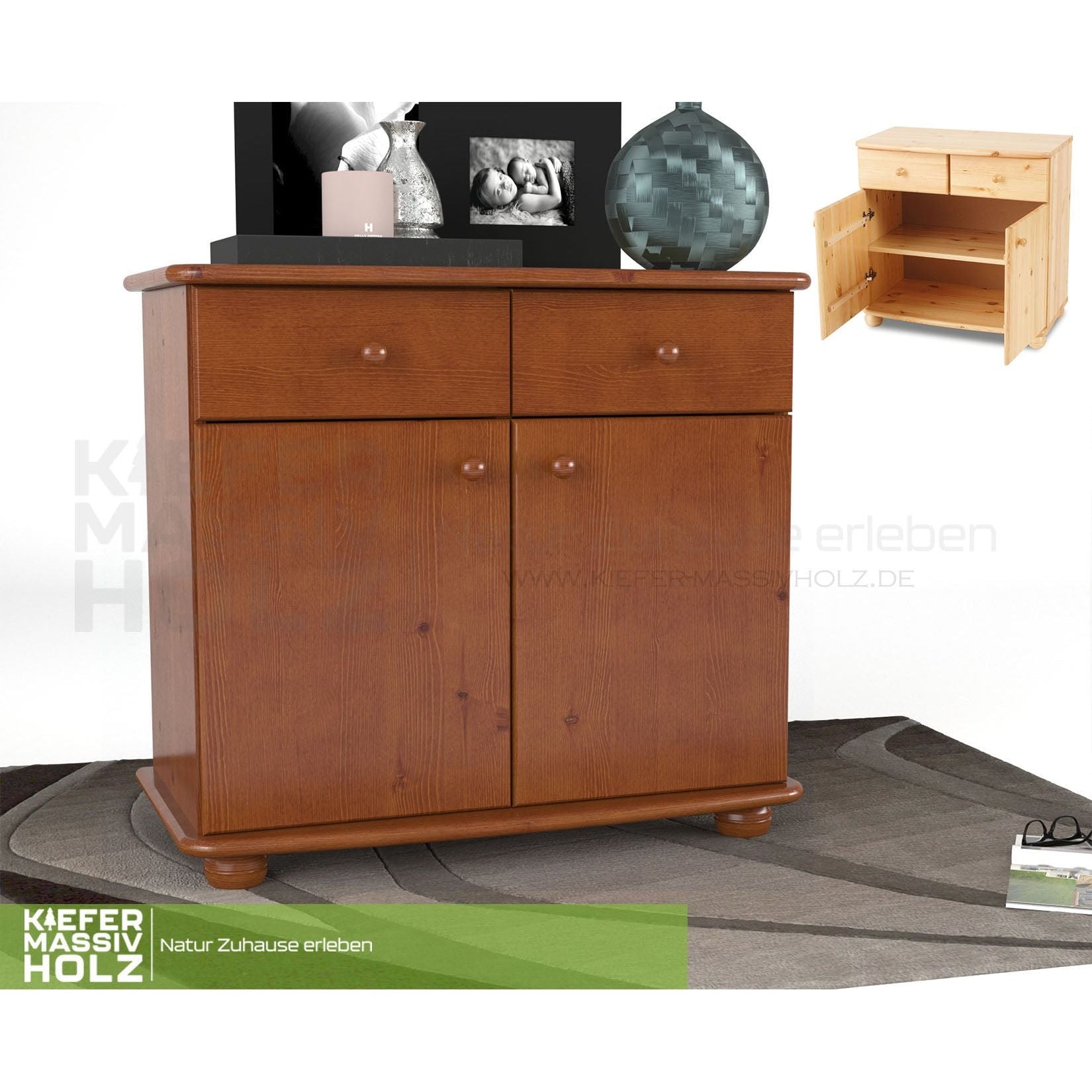 Claudia Kommode Sideboard | Anrichte | 2-Türig | 2-Schubladen | 100% Bio Kiefer Massivholz