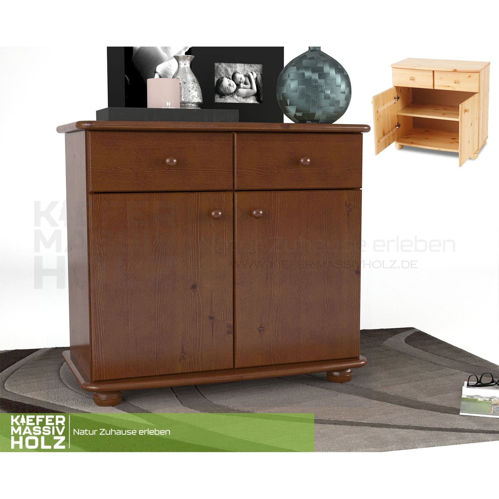 Claudia Kommode Sideboard | Anrichte | 2-Türig | 2-Schubladen | 100% Bio Kiefer Massivholz