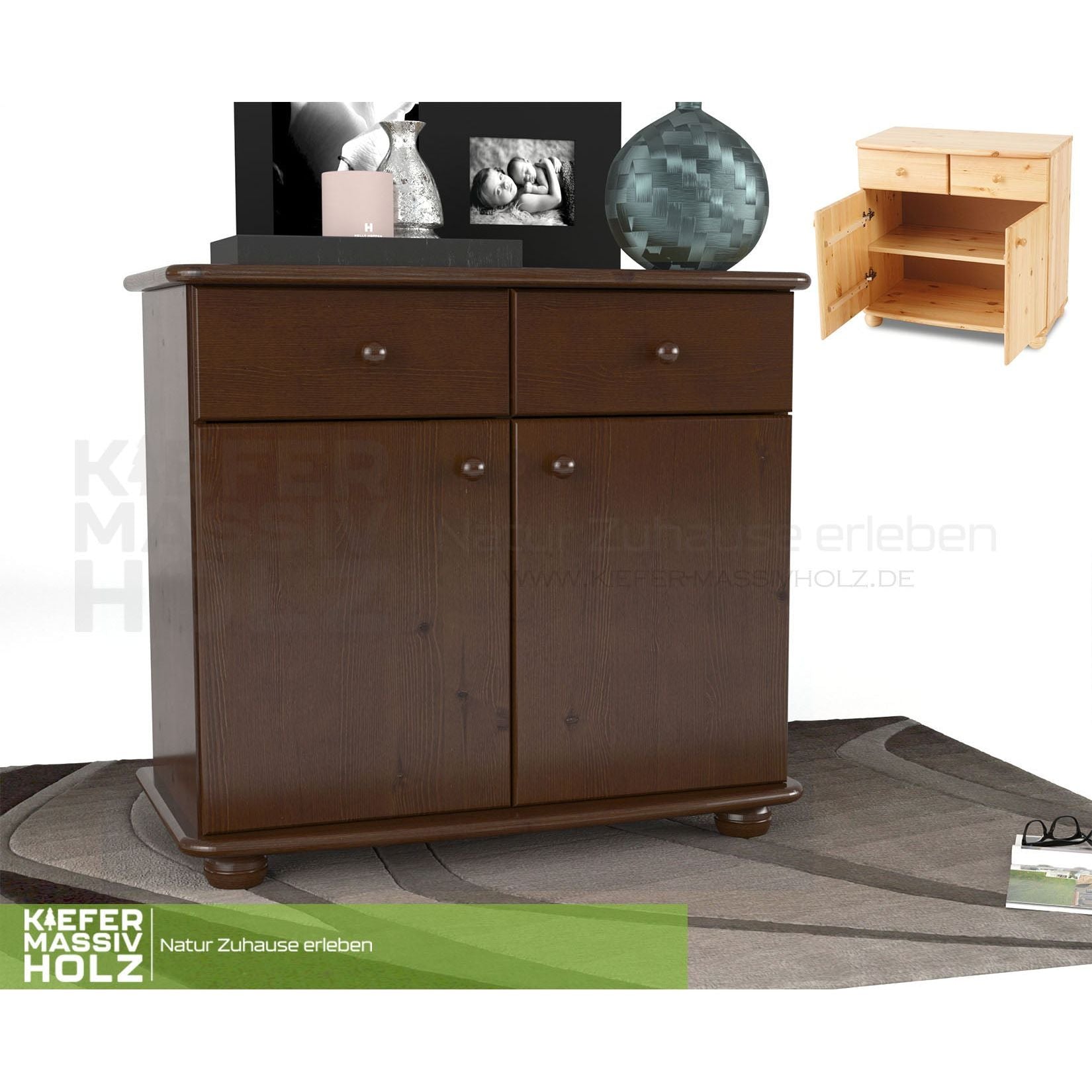 Claudia Kommode Sideboard | Anrichte | 2-Türig | 2-Schubladen | 100% Bio Kiefer Massivholz