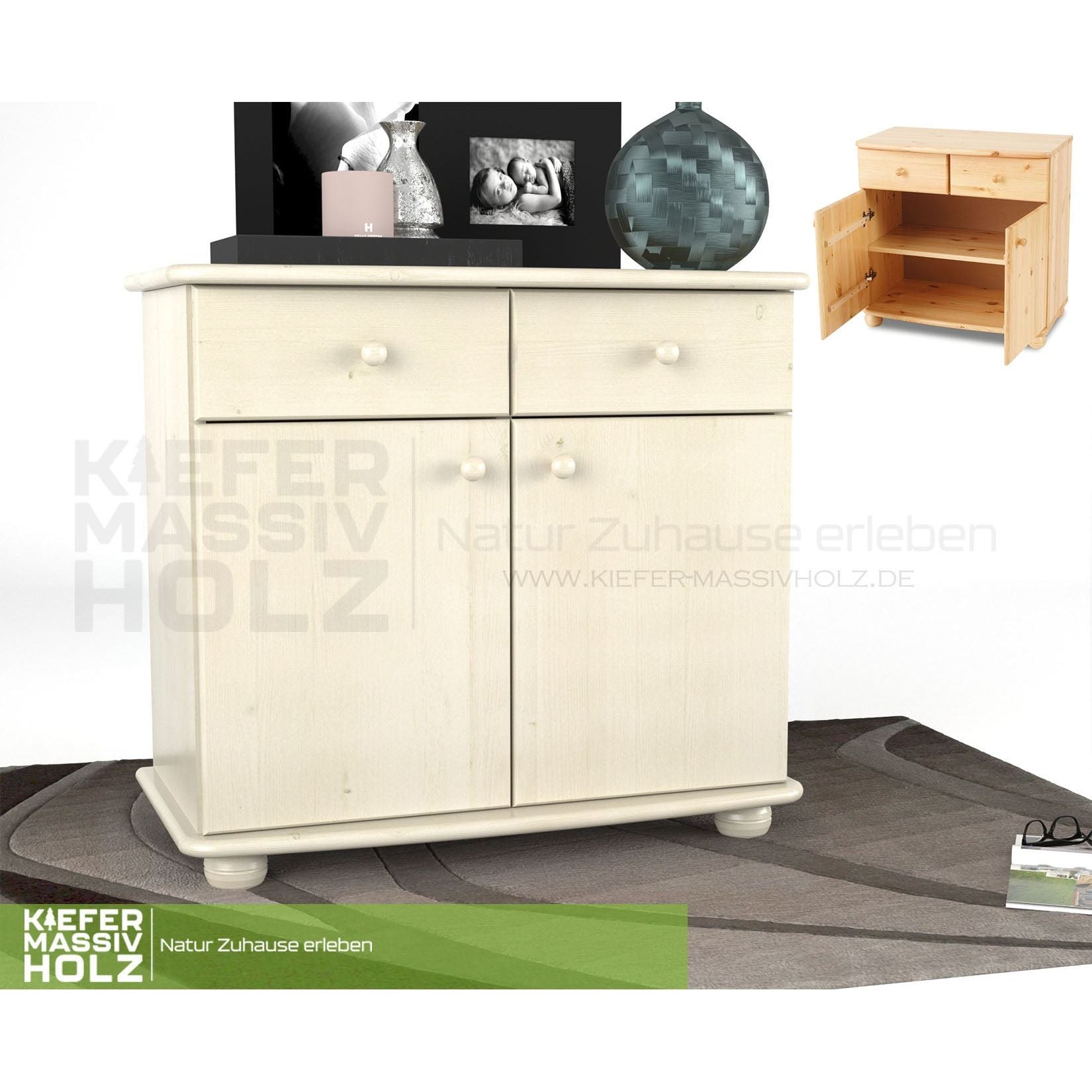Claudia Kommode Sideboard | Anrichte | 2-Türig | 2-Schubladen | 100% Bio Kiefer Massivholz