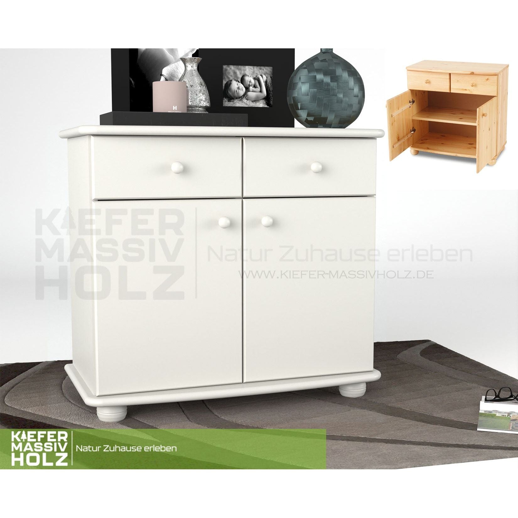 Claudia Kommode Sideboard | Anrichte | 2-Türig | 2-Schubladen | 100% Bio Kiefer Massivholz