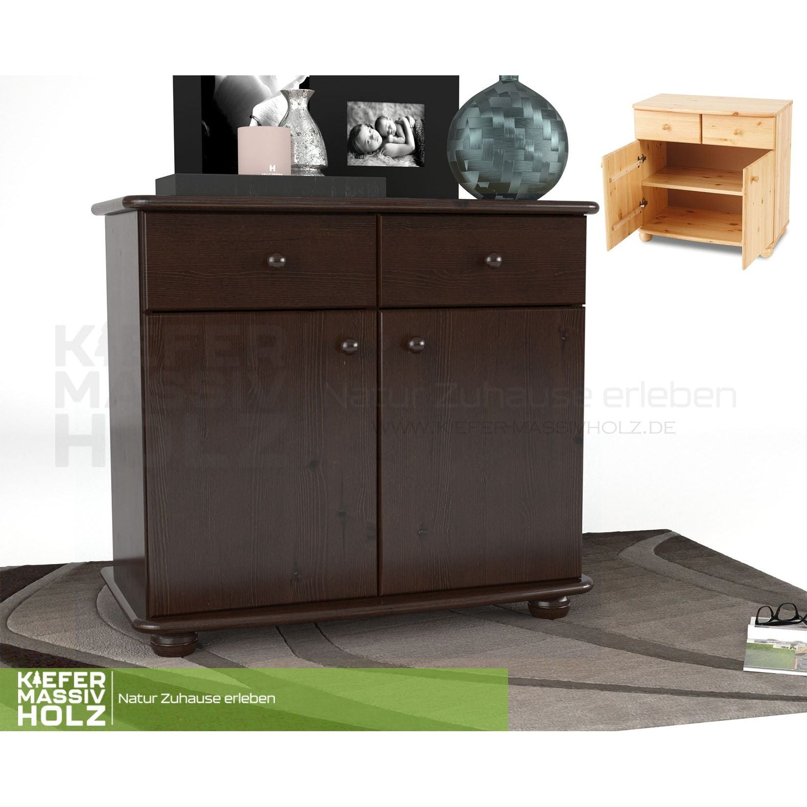 Claudia Kommode Sideboard | Anrichte | 2-Türig | 2-Schubladen | 100% Bio Kiefer Massivholz