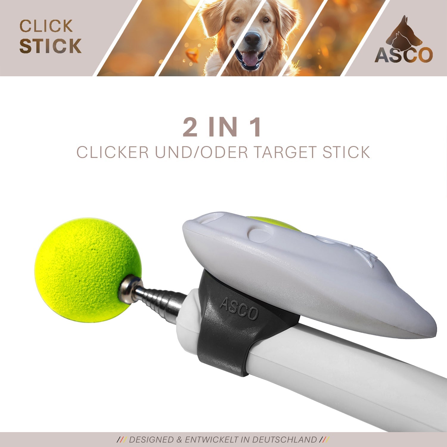 ASCO ClickStick - Target Stick mit abnehmbarem Premium Clicker - Target Stab für Hunde Katzen Clickertraining - Targetstick ausziehbar mit extra Klicker - Targetstab für Target-Training