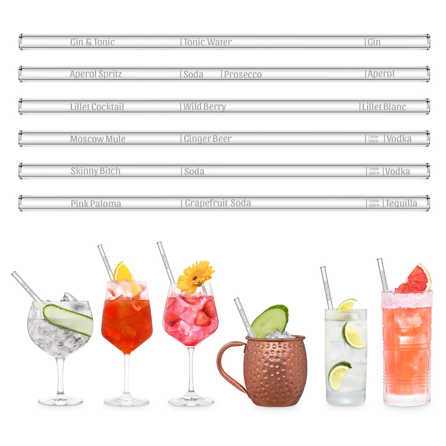 Cocktail Rezepte Glasstrohhalme mit gravierten Maßen für perfektes Mixen - 6er Set