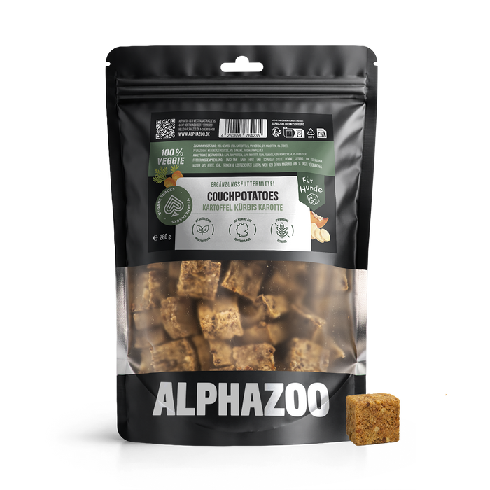 Couchpotatoes von alphazoo, vegetarische Hundesnacks mit 260g, basierend auf Kartoffeln, Kürbis und Karotten.