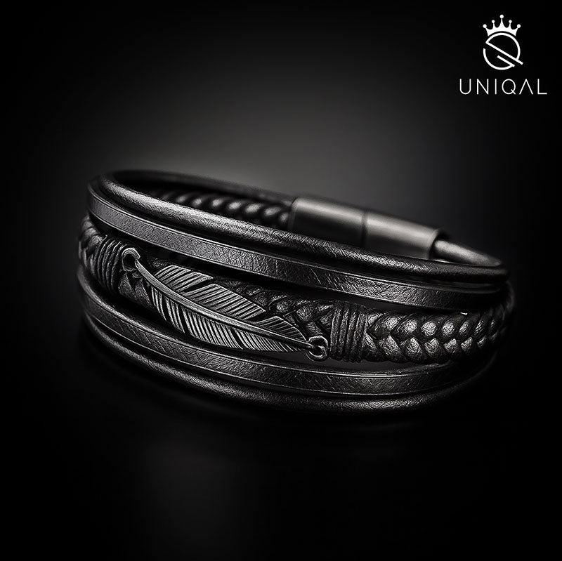 Black Feather Lederarmband Edelstahl Gravurbar Unisex Größen 19 21 23 Cm Inklusive Luxus Etui Gratis