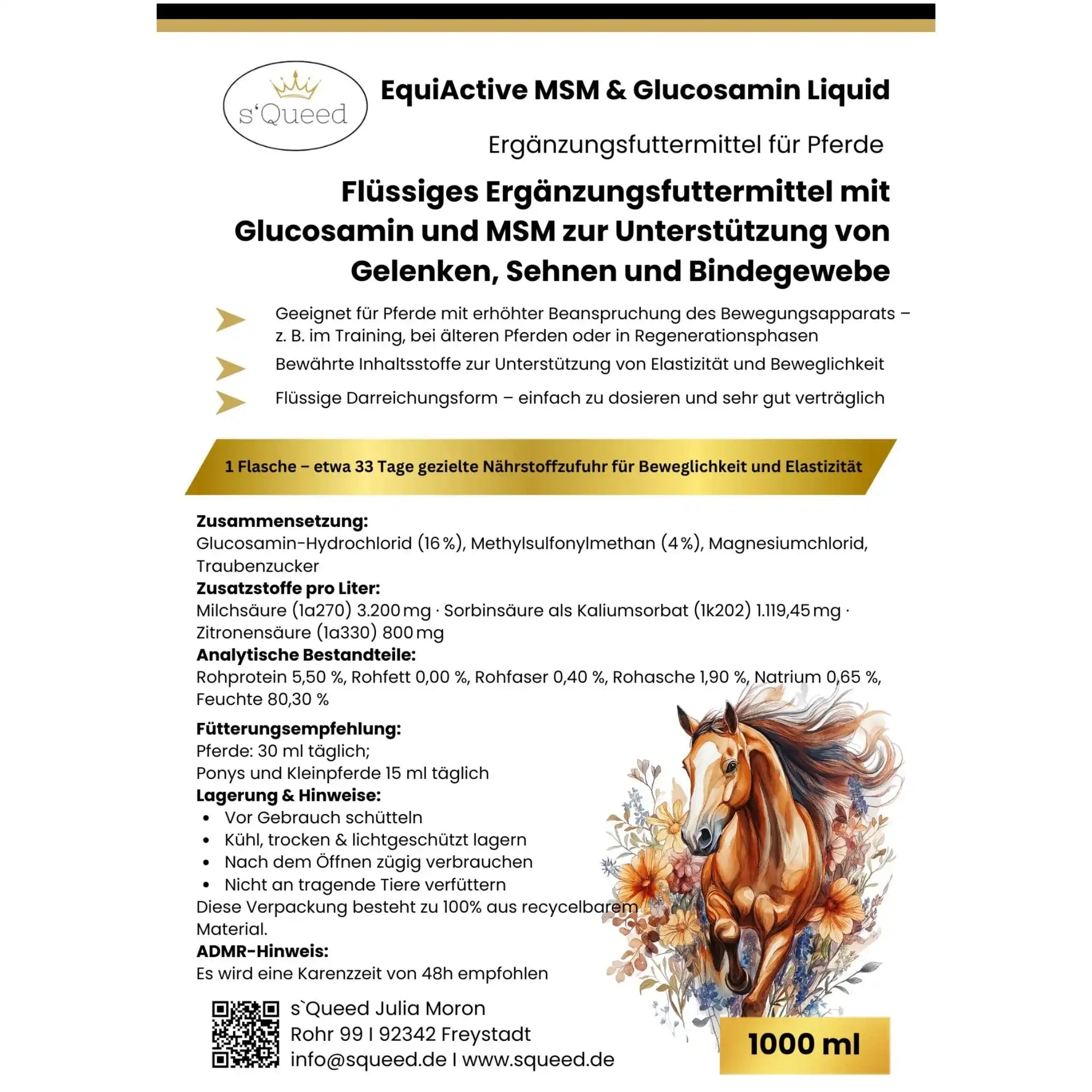 EquiActive MSM Und Glucosamin Pferd Flüssig 1000 ml Ergänzungsfuttermittel Für Gelenke Sehnen Bindegewebe by s`Queed