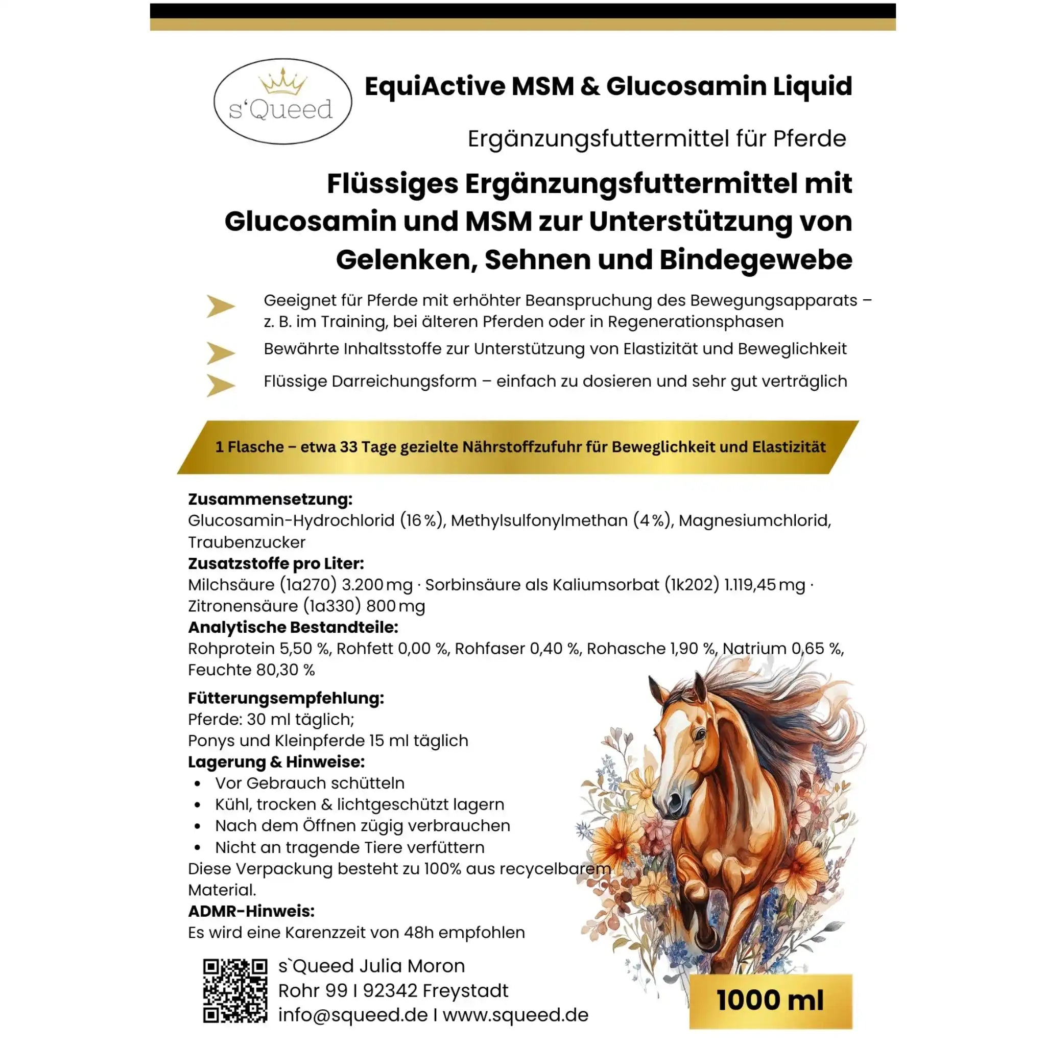 EquiActive MSM Und Glucosamin Pferd Flüssig 1000 ml Ergänzungsfuttermittel Für Gelenke Sehnen Bindegewebe by s`Queed