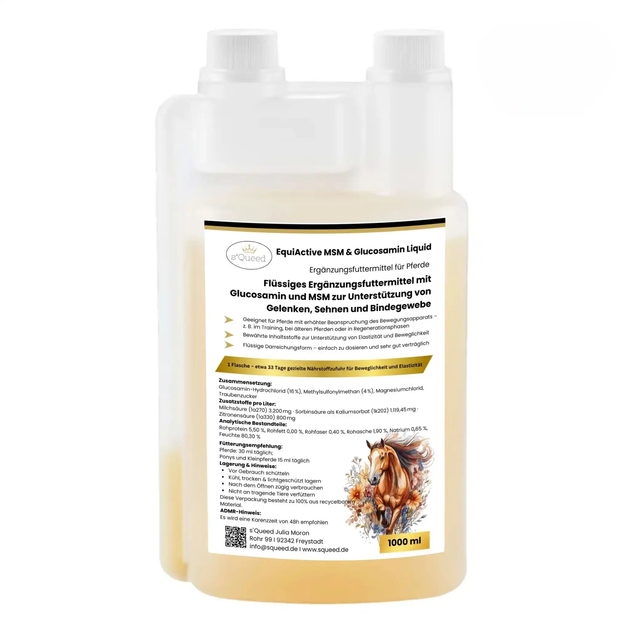 EquiActive MSM Und Glucosamin Pferd Flüssig 1000 ml Ergänzungsfuttermittel Für Gelenke Sehnen Bindegewebe by s`Queed