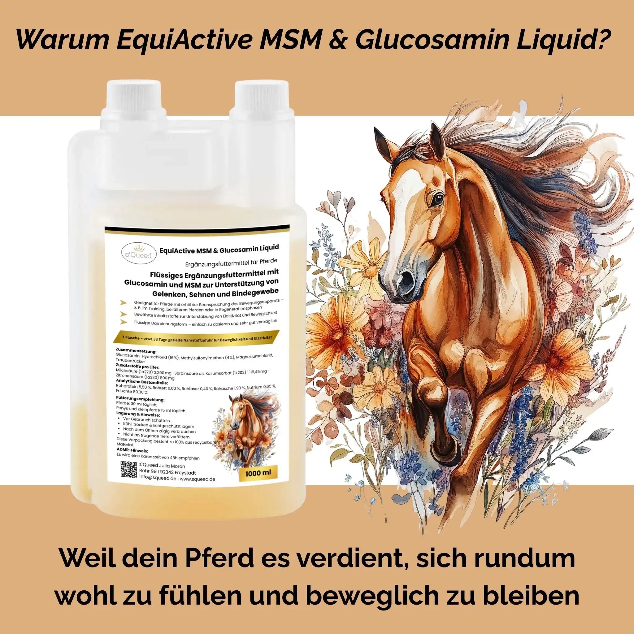 EquiActive MSM Und Glucosamin Pferd Flüssig 1000 ml Ergänzungsfuttermittel Für Gelenke Sehnen Bindegewebe by s`Queed