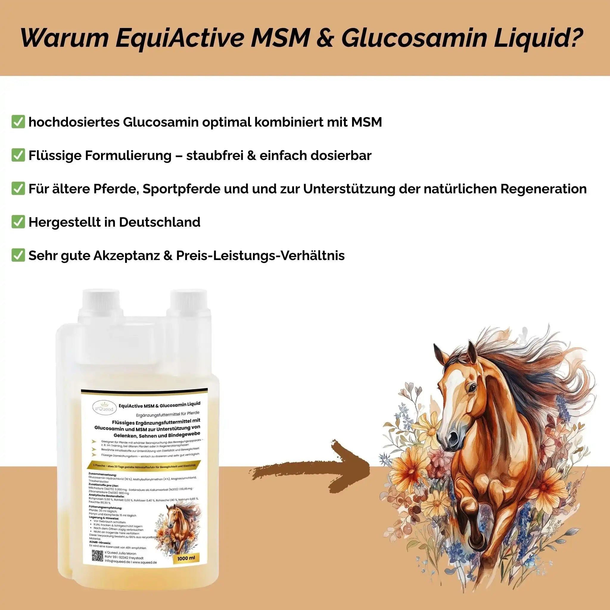 EquiActive MSM Und Glucosamin Pferd Flüssig 1000 ml Ergänzungsfuttermittel Für Gelenke Sehnen Bindegewebe by s`Queed