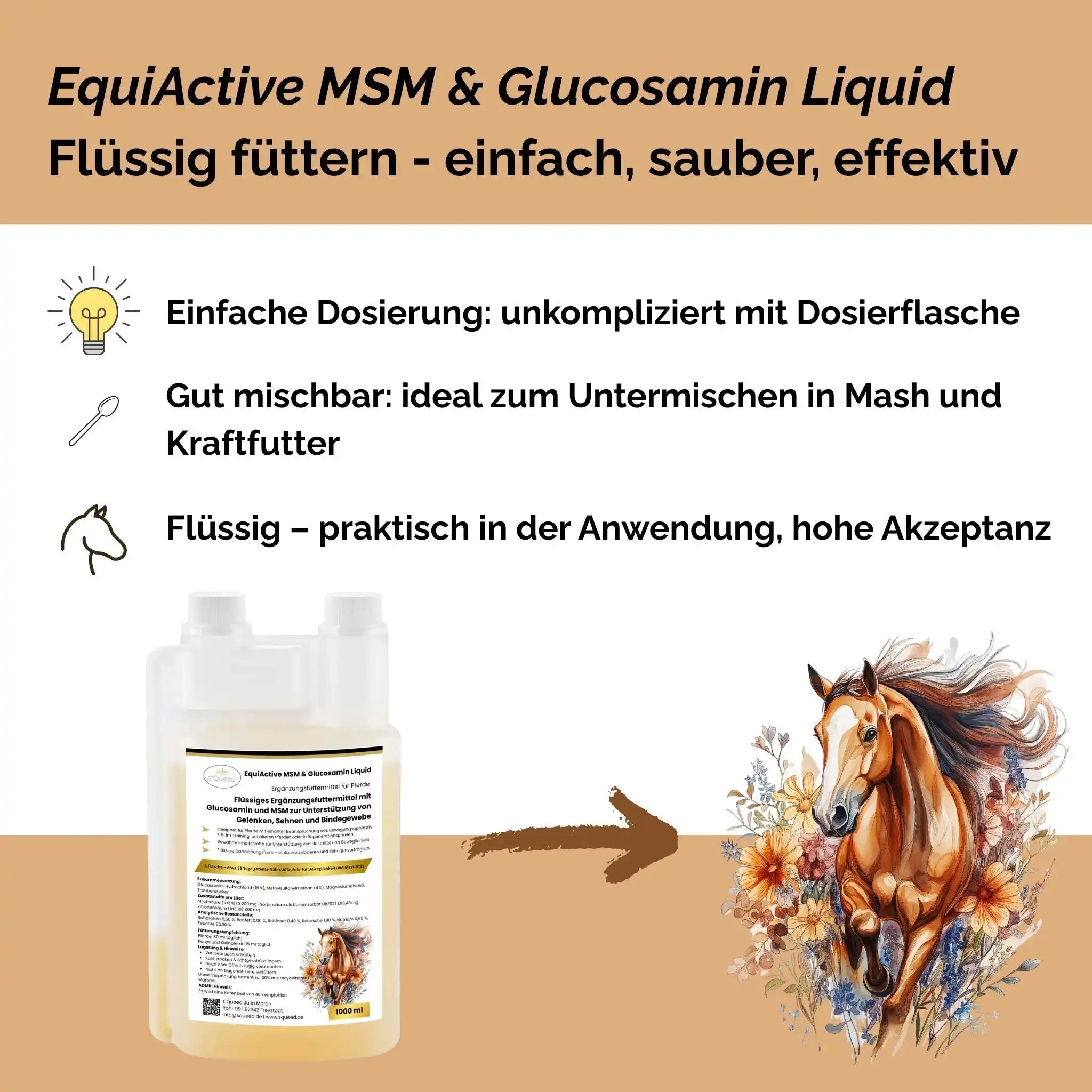 EquiActive MSM Und Glucosamin Pferd Flüssig 1000 ml Ergänzungsfuttermittel Für Gelenke Sehnen Bindegewebe by s`Queed