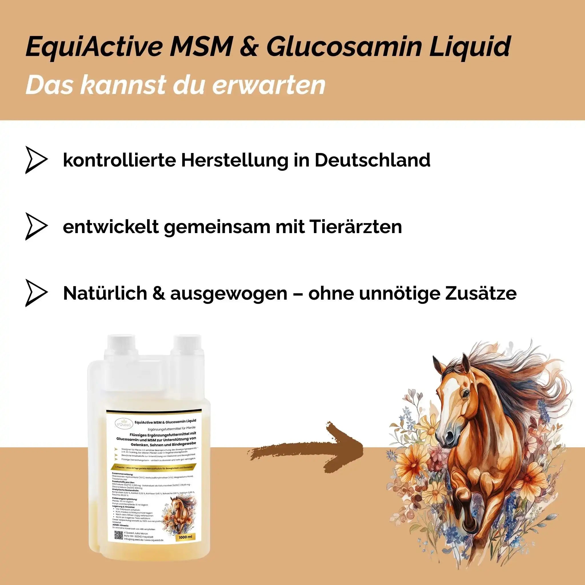 EquiActive MSM Und Glucosamin Pferd Flüssig 1000 ml Ergänzungsfuttermittel Für Gelenke Sehnen Bindegewebe by s`Queed