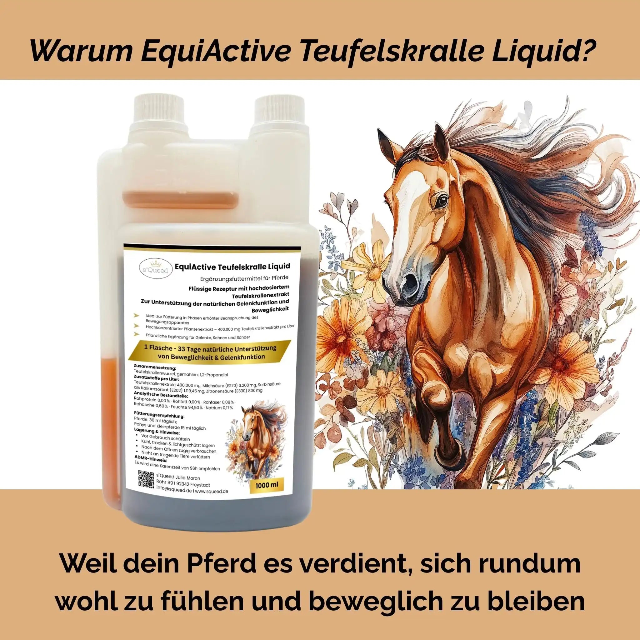 EquiActive Teufelskralle Liquid Für Pferde Flüssig 1000 Milliliter Ergänzungsfuttermittel Zur Unterstützung Von Beweglichkeit by s`Queed