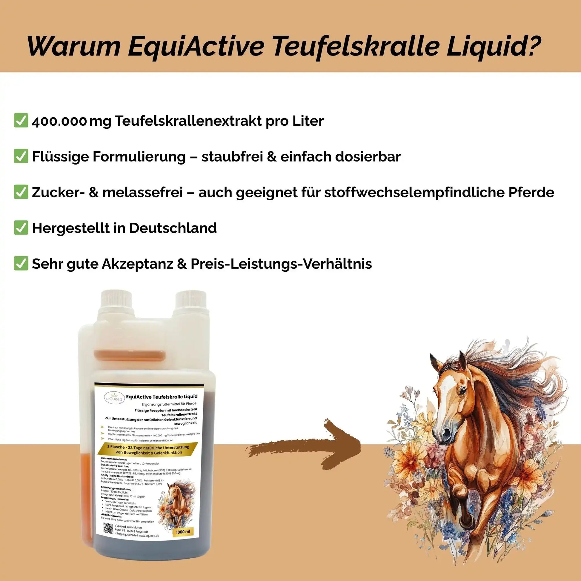 EquiActive Teufelskralle Liquid Für Pferde Flüssig 1000 Milliliter Ergänzungsfuttermittel Zur Unterstützung Von Beweglichkeit by s`Queed