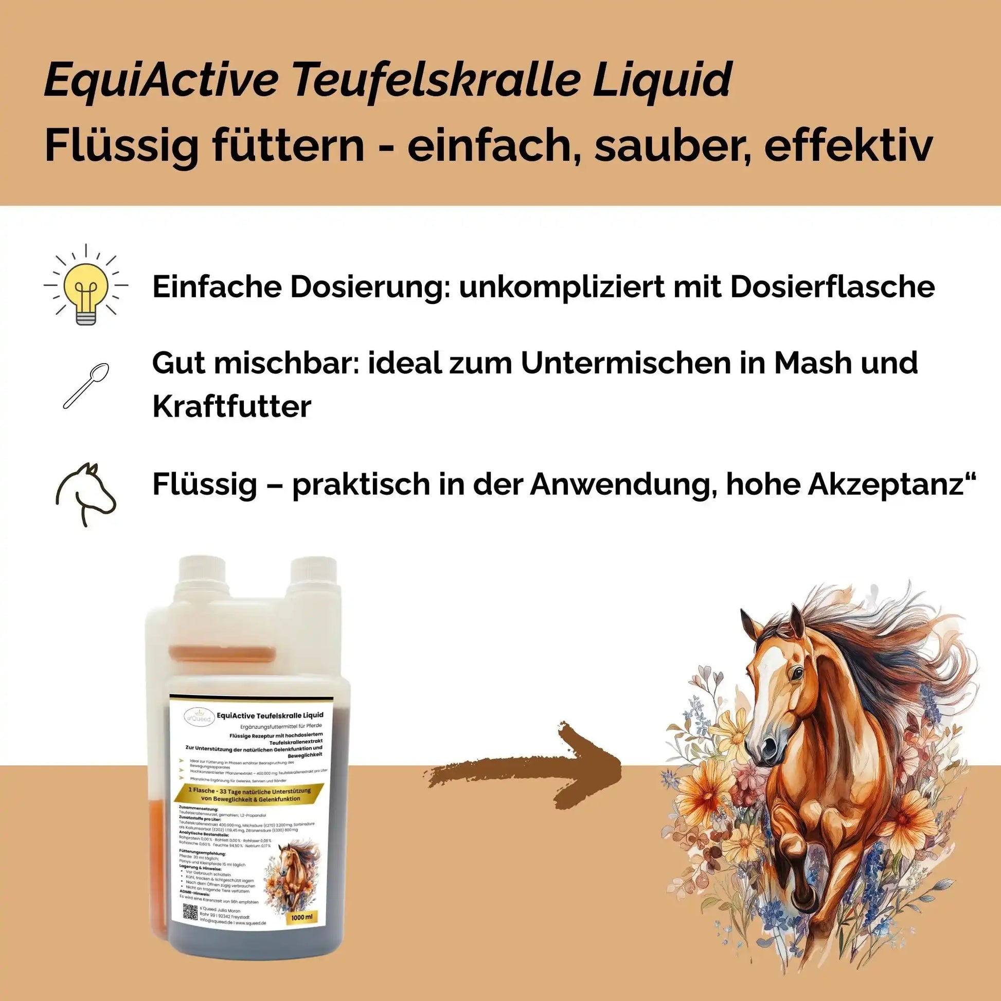 EquiActive Teufelskralle Liquid Für Pferde Flüssig 1000 Milliliter Ergänzungsfuttermittel Zur Unterstützung Von Beweglichkeit by s`Queed