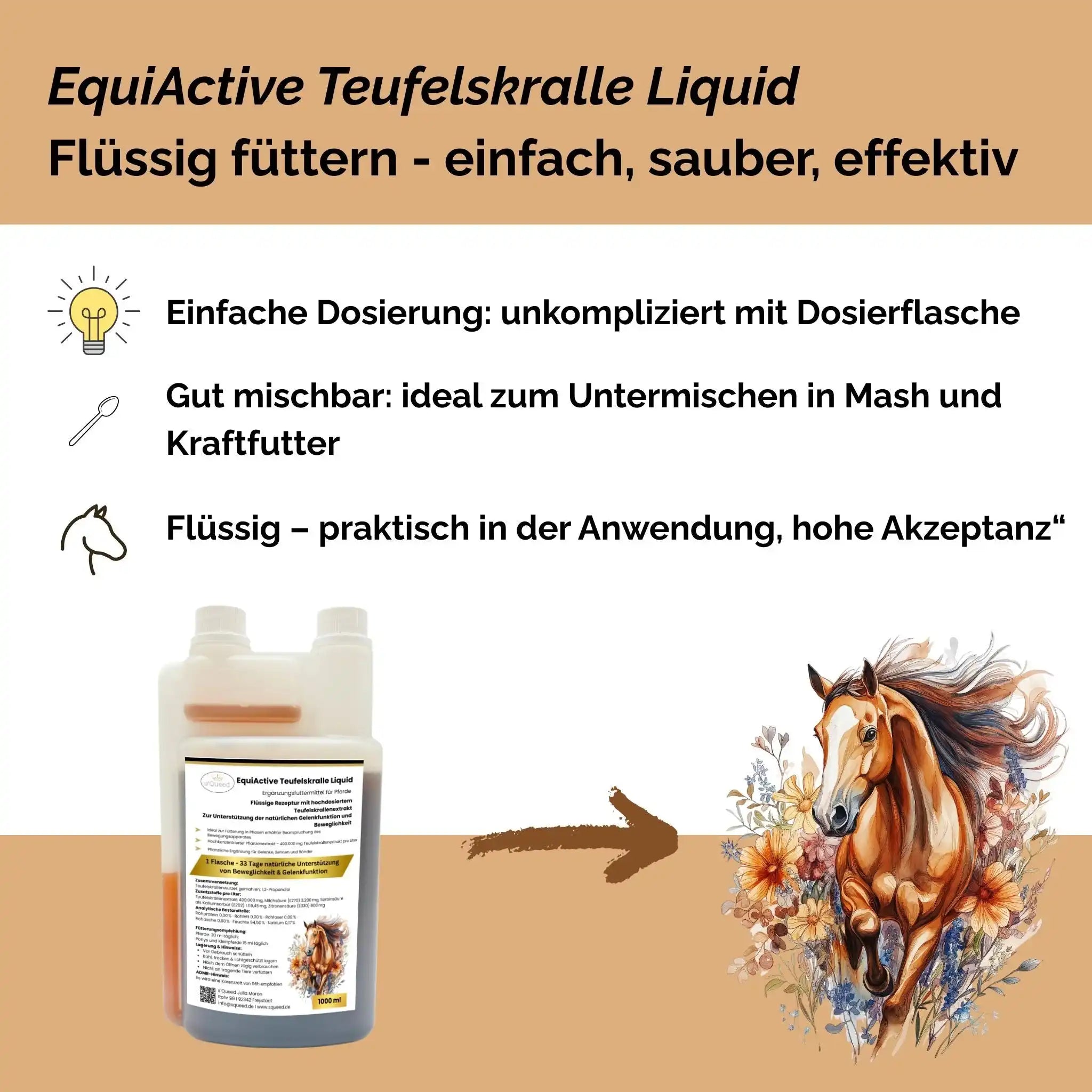 EquiActive Teufelskralle Liquid Für Pferde Flüssig 1000 Milliliter Ergänzungsfuttermittel Zur Unterstützung Von Beweglichkeit by s`Queed