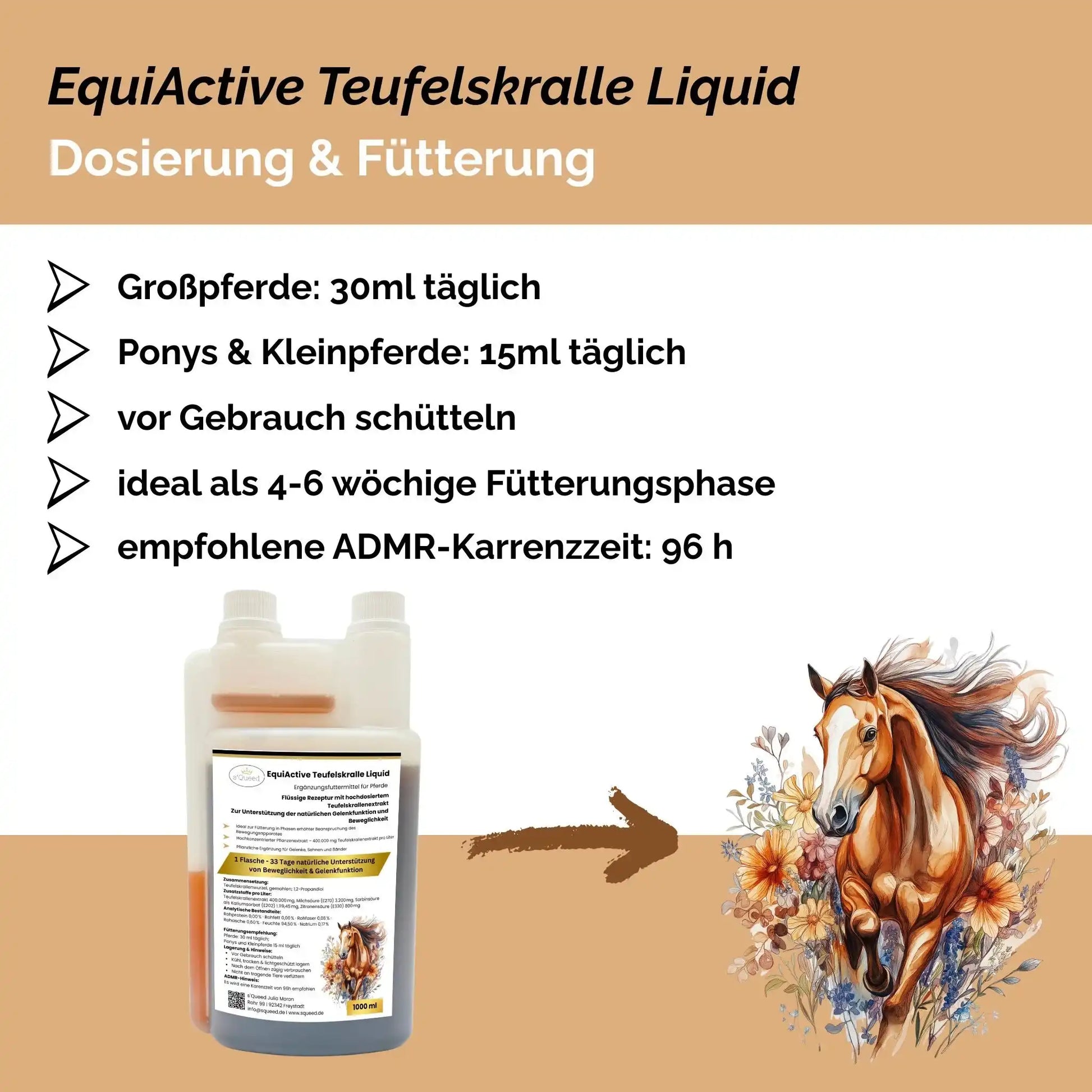 EquiActive Teufelskralle Liquid Für Pferde Flüssig 1000 Milliliter Ergänzungsfuttermittel Zur Unterstützung Von Beweglichkeit by s`Queed