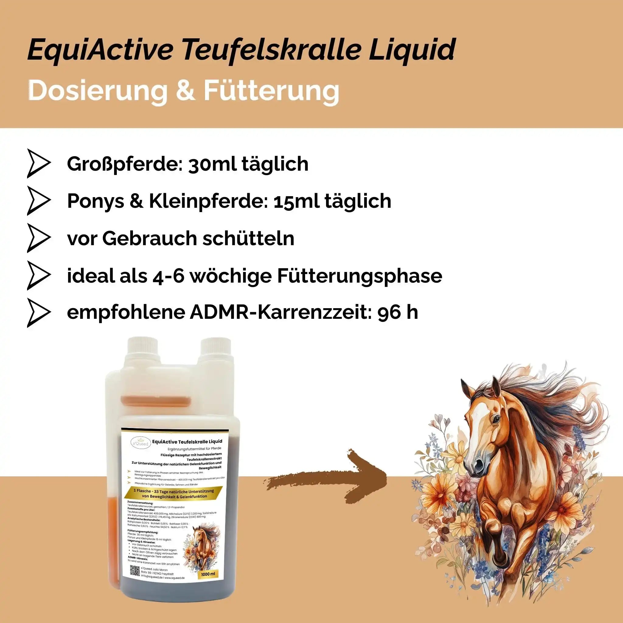 EquiActive Teufelskralle Liquid Für Pferde Flüssig 1000 Milliliter Ergänzungsfuttermittel Zur Unterstützung Von Beweglichkeit by s`Queed