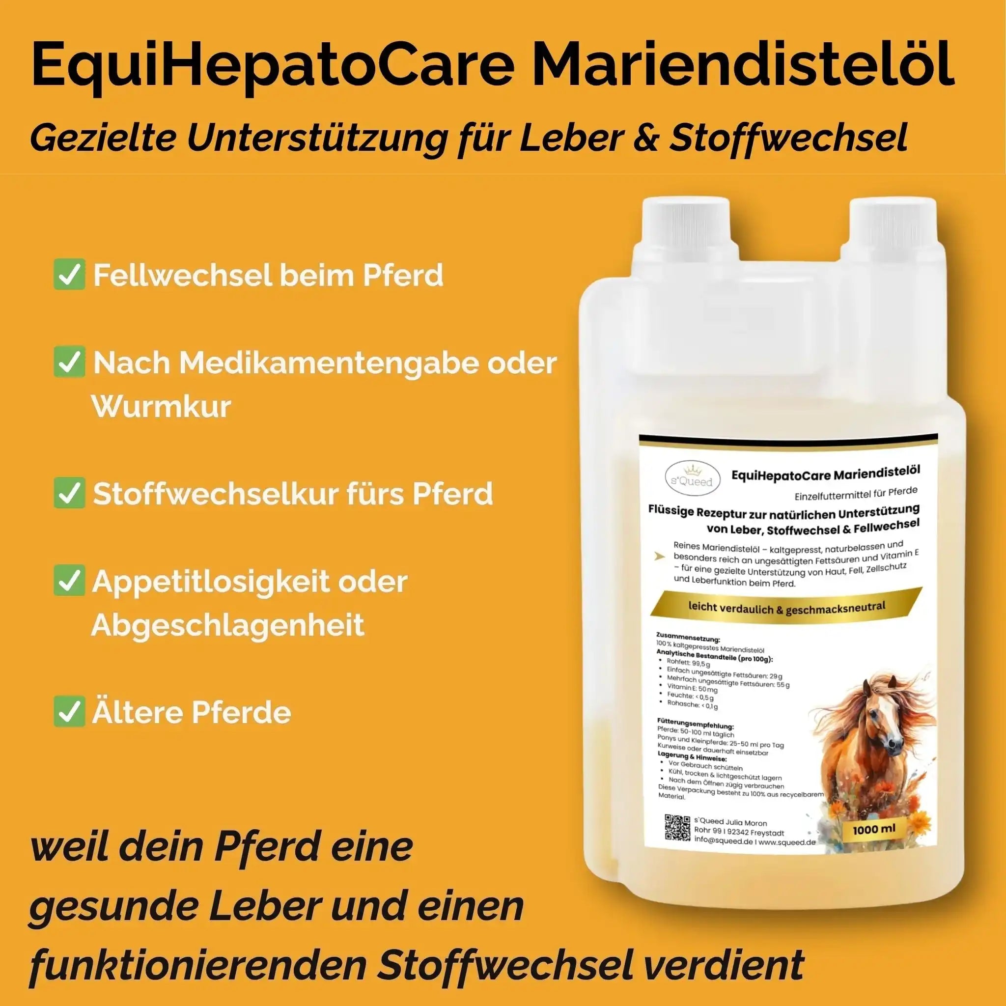 EquiHepatoCare Mariendistelöl Pferd Kaltgepresst Naturrein Leber Entgiftung Stoffwechsel Fellwechsel Unterstützung by s`Queed