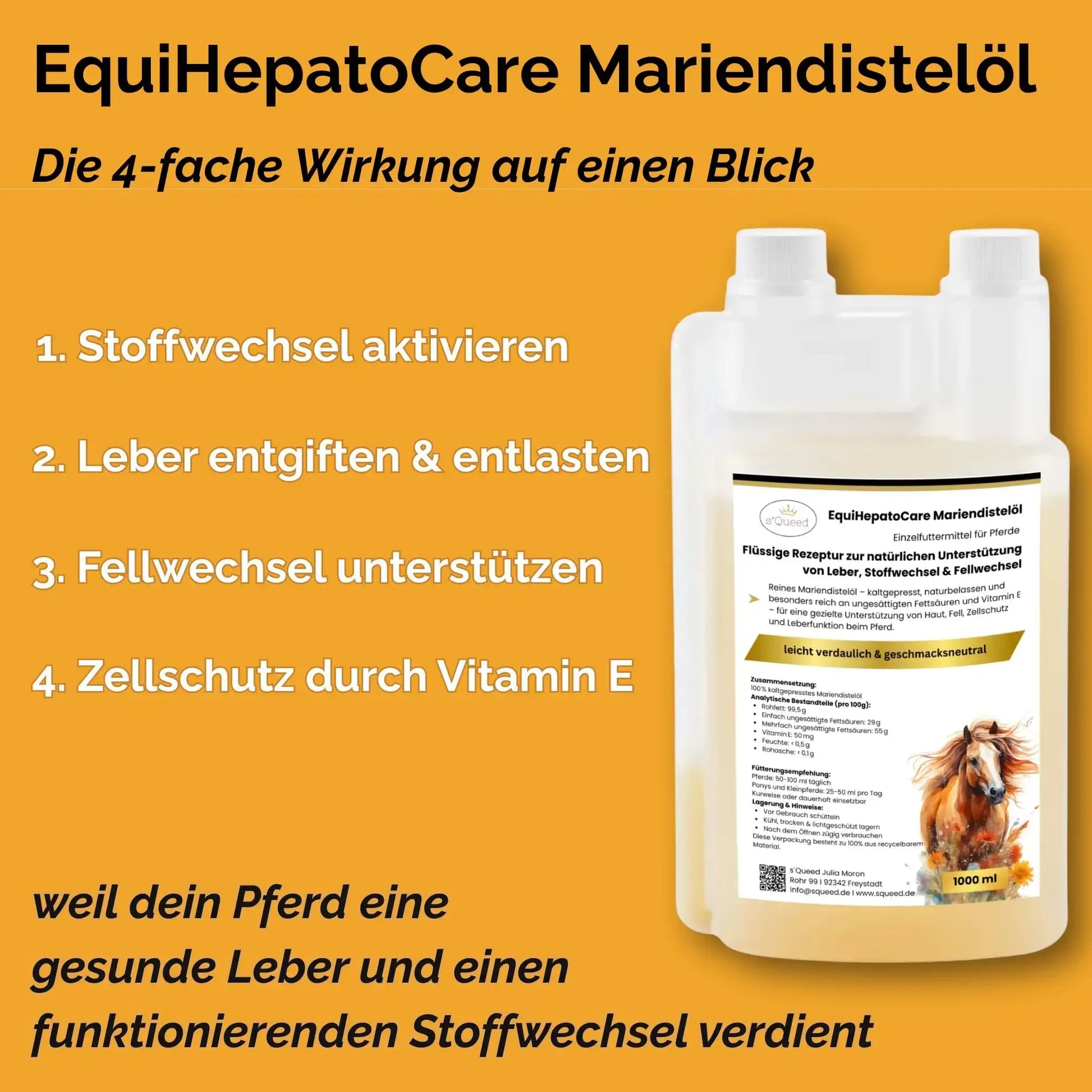 EquiHepatoCare Mariendistelöl Pferd Kaltgepresst Naturrein Leber Entgiftung Stoffwechsel Fellwechsel Unterstützung by s`Queed