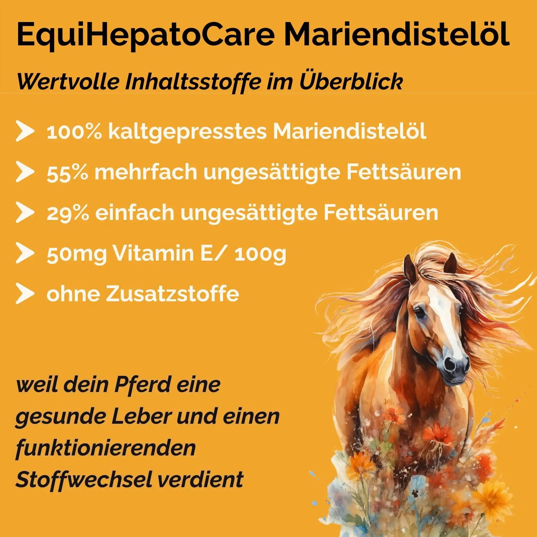 EquiHepatoCare Mariendistelöl Pferd Kaltgepresst Naturrein Leber Entgiftung Stoffwechsel Fellwechsel Unterstützung by s`Queed