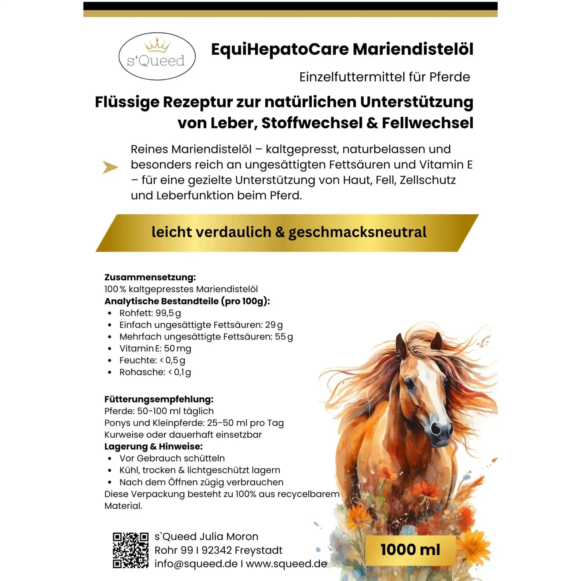 EquiHepatoCare Mariendistelöl Pferd Kaltgepresst Naturrein Leber Entgiftung Stoffwechsel Fellwechsel Unterstützung by s`Queed
