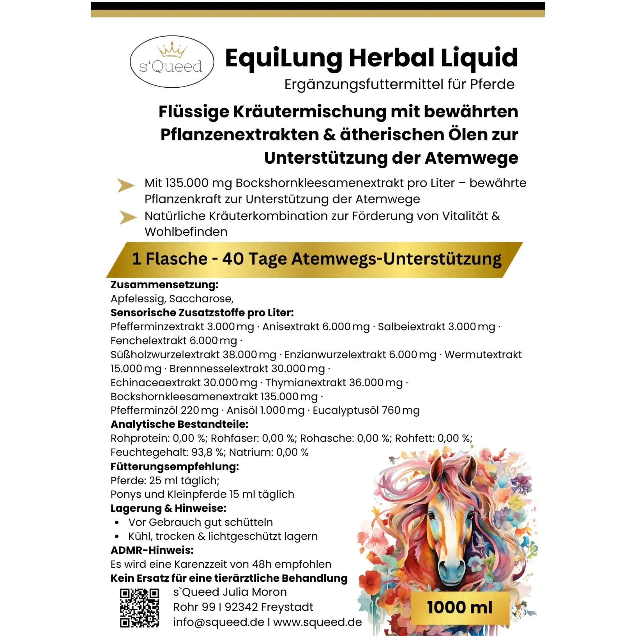 3er Vorteilspaket EquiLung Herbal Liquid Flüssiges Ergänzungsfuttermittel Für Pferde Zur Unterstützung Der Atemwege by s`Queed